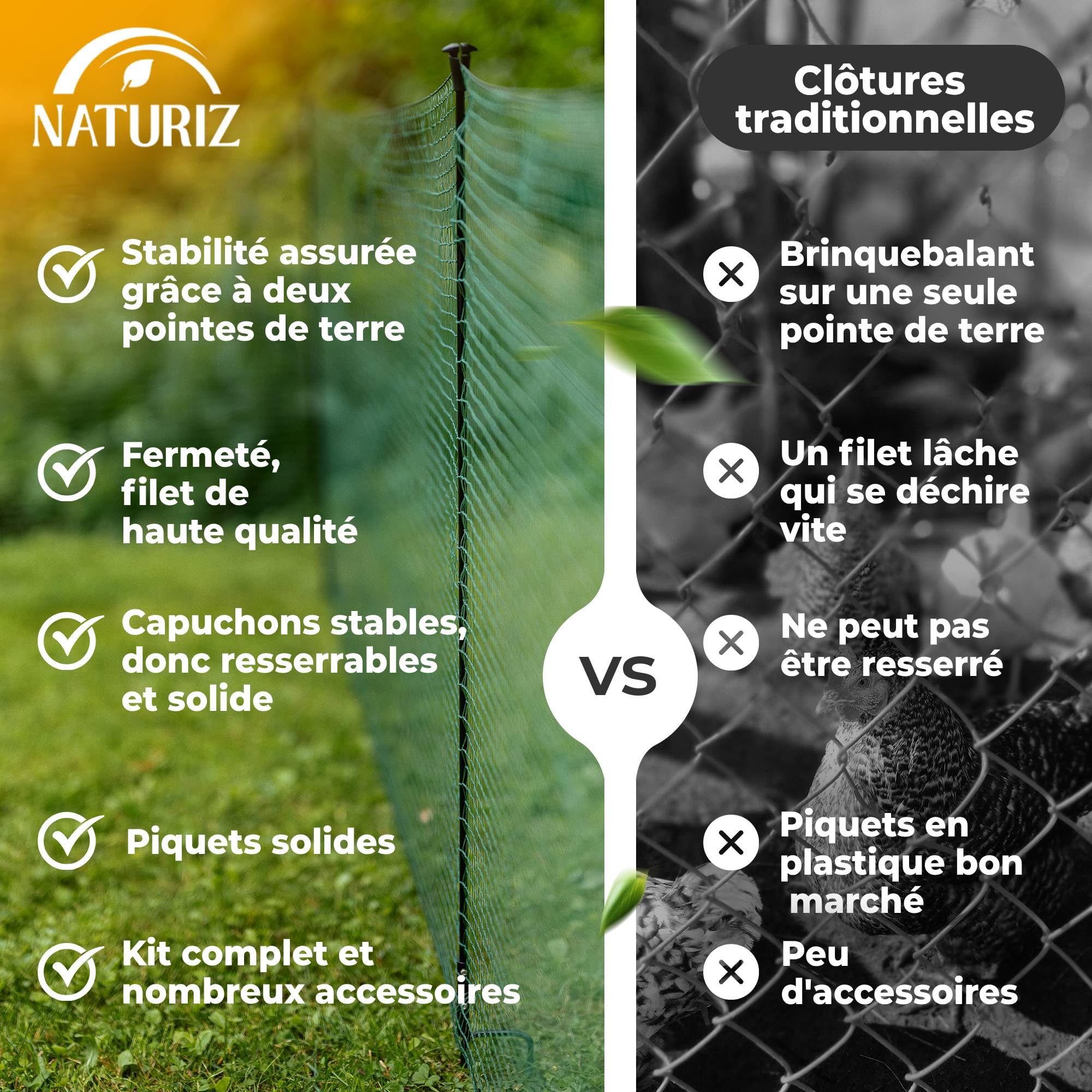 NATURIZ® filet poule en 15m / 20m / 25m x 90cm - cloture jardin exterieur extrêmement stable, sans électricité, vert (20m)