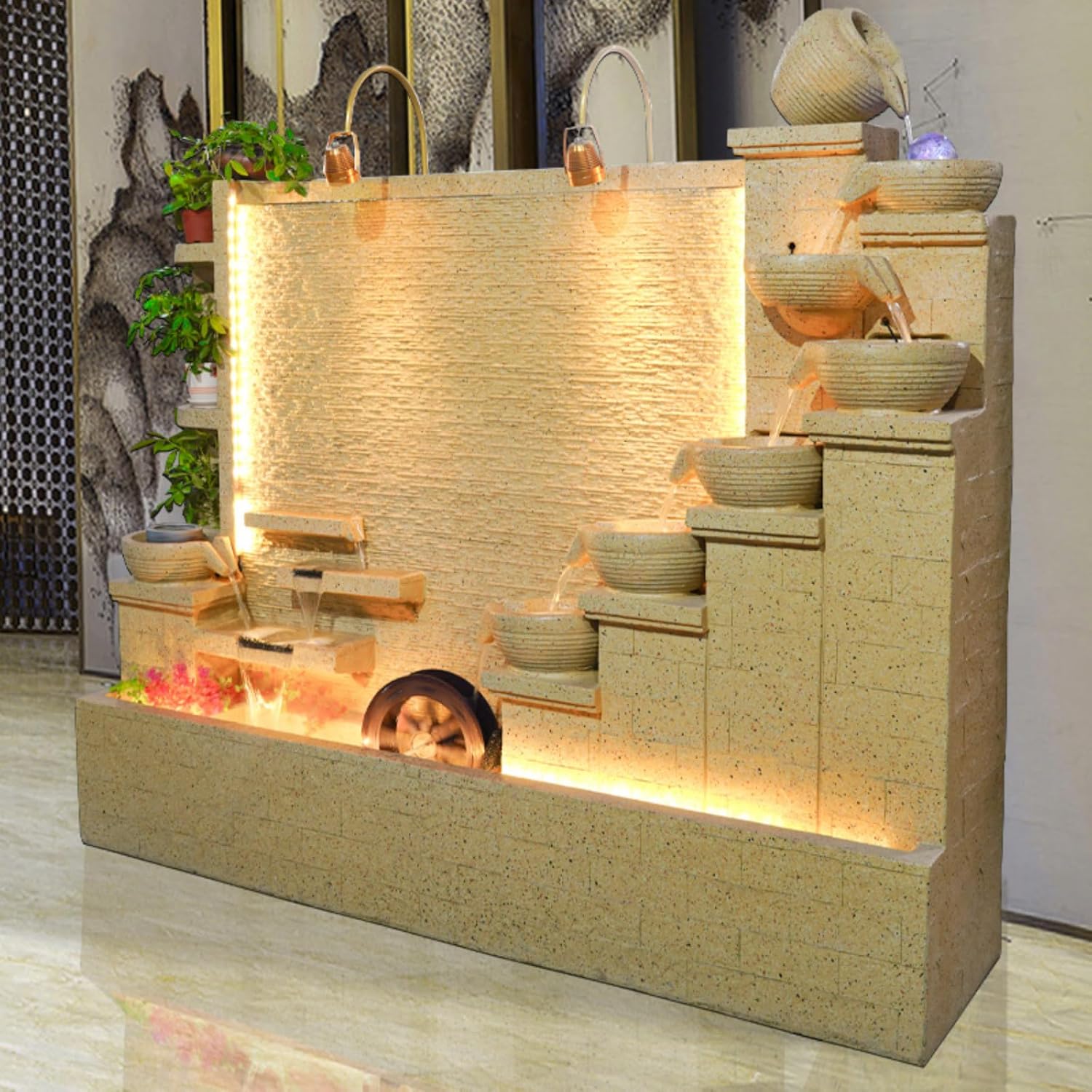 Modern 6.6ft Cement Standing Fountain with Tiered Water Bowl and LED Lighting | Indoor and Outdoor use | Rain and UV Resistant (B)(D)