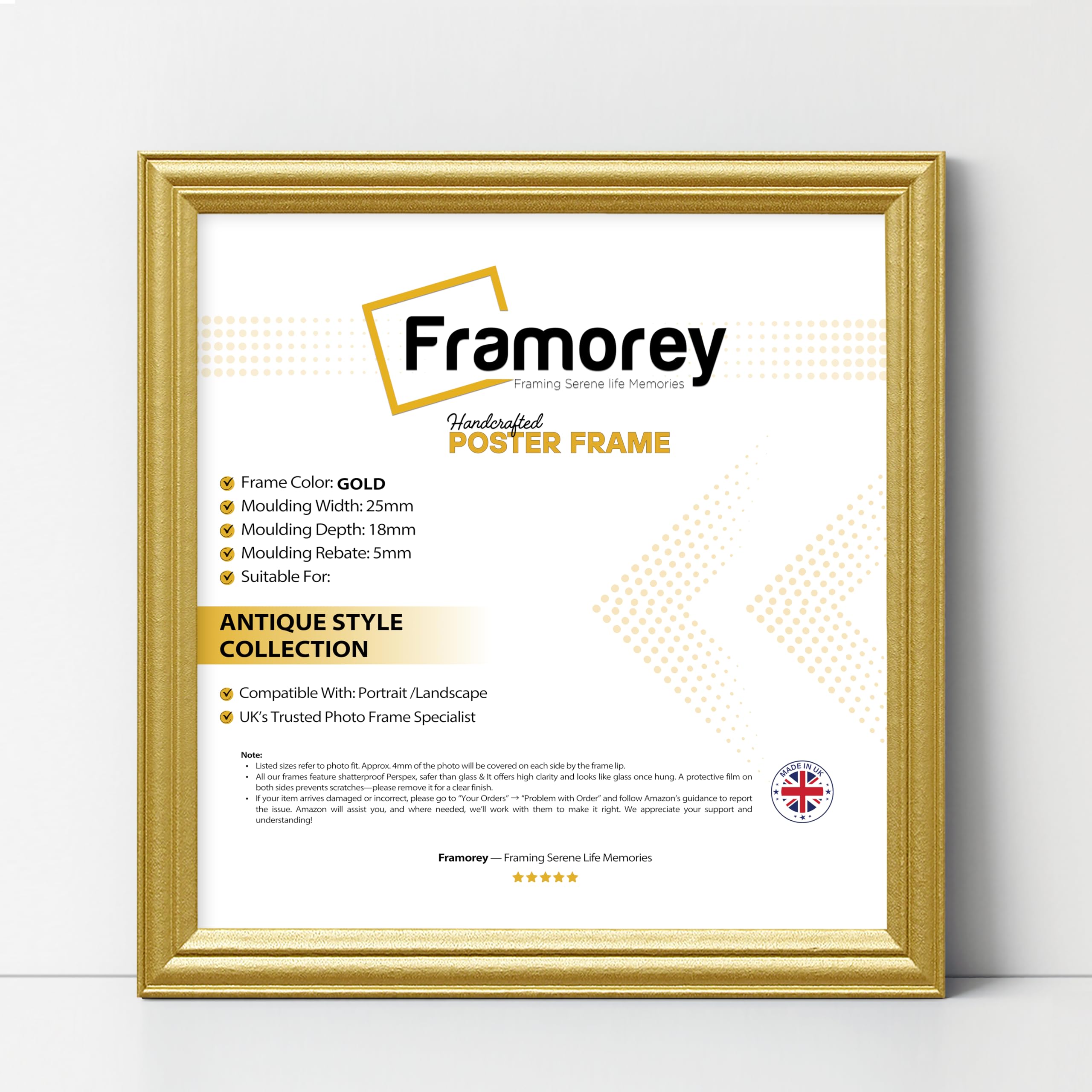 Framorey Framing Serene Life Memories Gold Framorey Square Picture Frame, 35X35cm Size Photo Frames, Lw Antique Poster Frame, Wall Hanging Oxford Frames, Premium Wooden Effect Frame