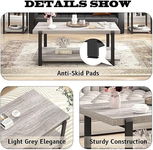 Miniatura 23 de FOLUBAN Mesa de centro negra, moderna mesa central de madera rústica con almacenamiento para sala de estar, mesa de té de cóctel rectangular