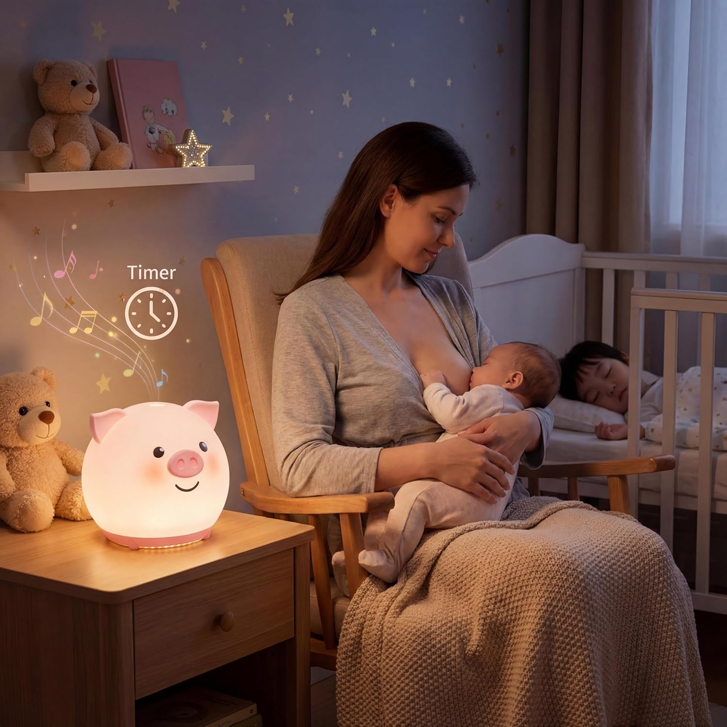 Pink Pig Silicone Night Light with Bluetooth & White Noise, Rechargeable Dimmable LED Bedside Lamp Timer Gifts Kids (Pink Pig)