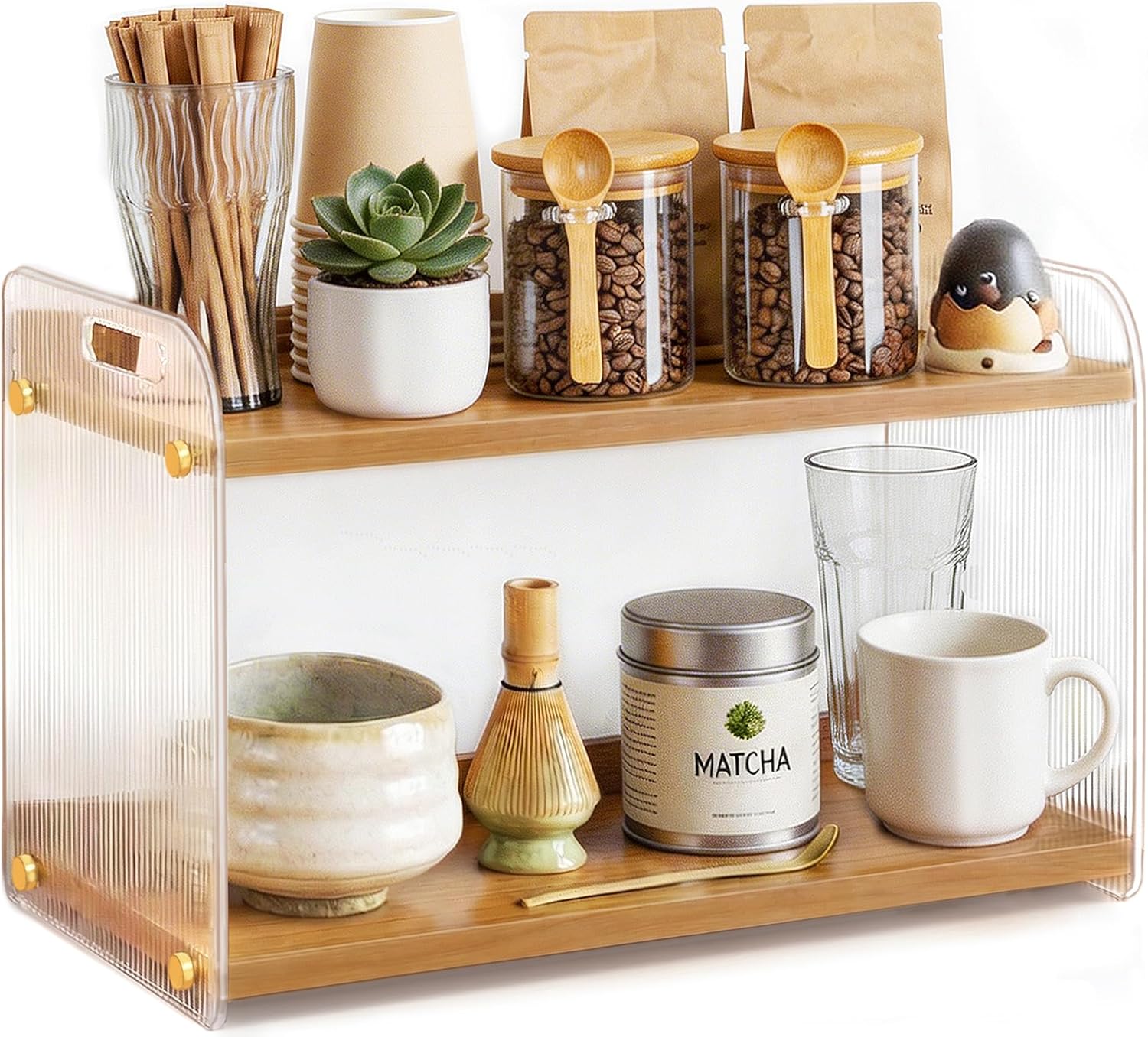 2 Tier Coffee Station Organizer - Acrylic & Pine Wood coffee bar shelf, Easy-to-Clean matcha station for Kitchen Countertops, for Placing Mugs, Coffee Beans, Syrup, Cups etc.(15.75" x6.18" x 9.37")