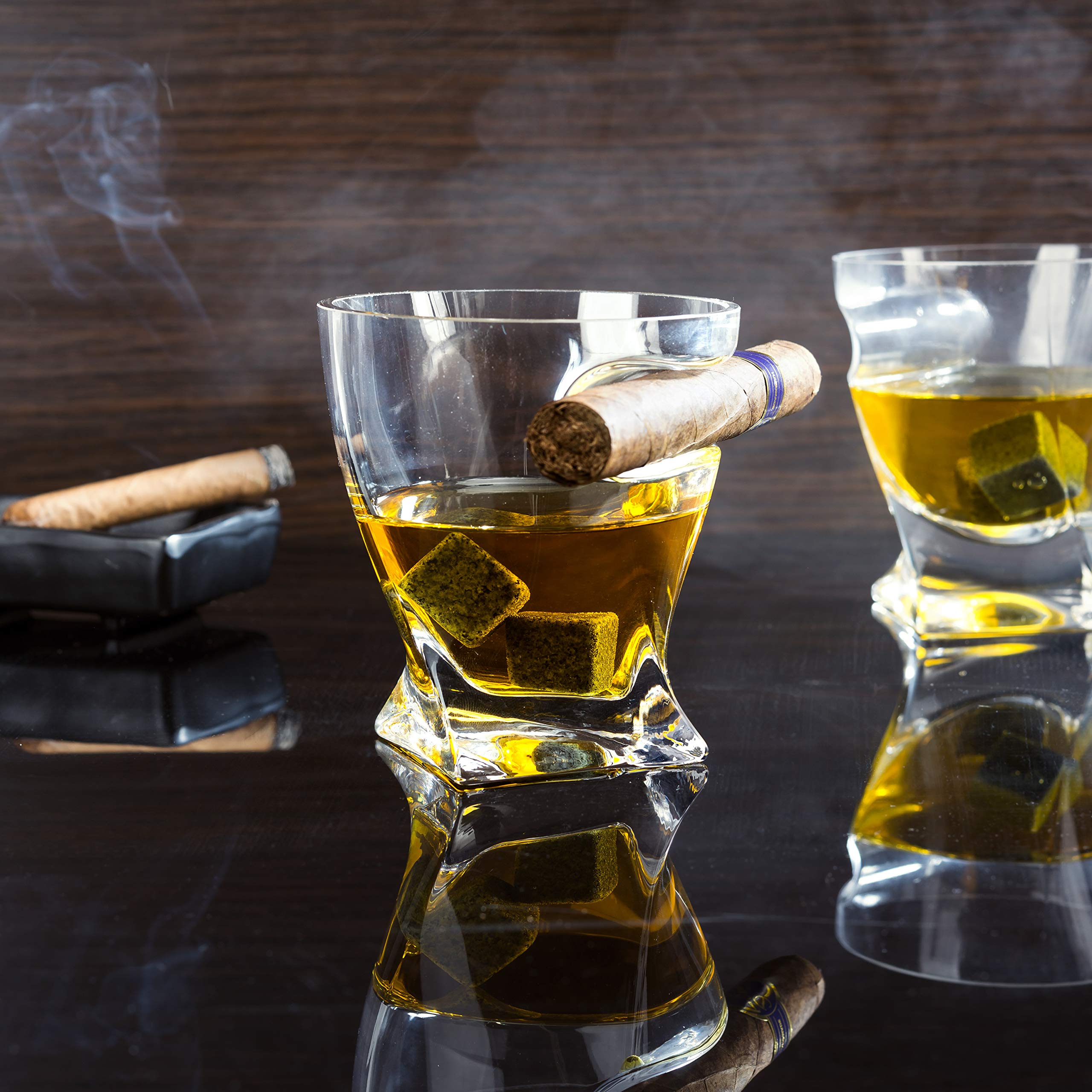Vasos de cigarro de whisky con soporte para puros montado lateral, 10 onzas + piedras enfriadoras de whisky y accesorios en caja de madera, juego de bourbon escocés para papá, marido, día del padre, 7
