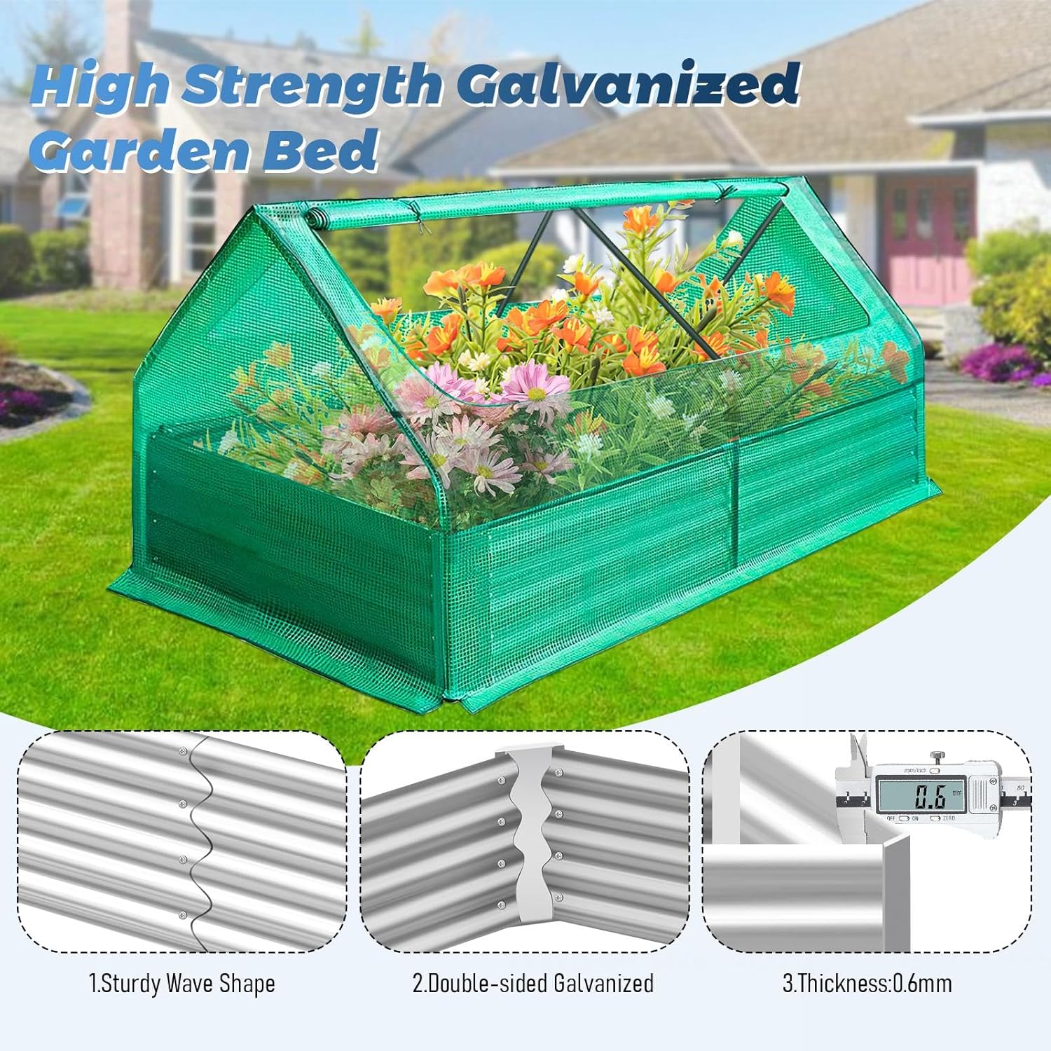 3-in-1 6x3x3ft Galvanized Steel Planter, Screen Windows Mini Greenhouse, for Outdoor Plants, Flower