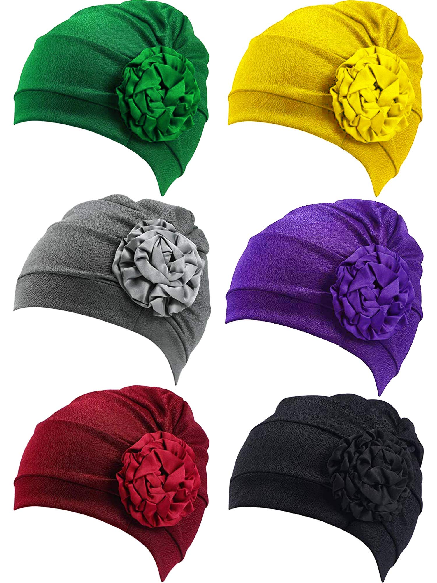 6 Pieces Women Turban Flower Caps Vintage Beanie Headscarf Elastic Headwrap Hat