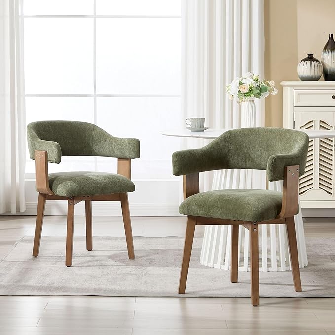 Green Upholstered Dining Chairs Set of 2, Mid Century Modern Dining Room Chairs with Wooden Legs and Armrest, Chenille Fabric Barrel Kitchen Chairs for Kitchen/Living Room