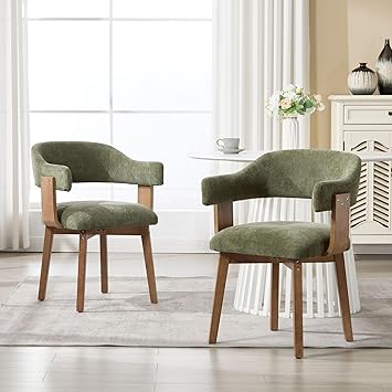 Green Upholstered Dining Chairs Set of 2, Mid Century Modern Dining Room Chairs with Wooden Legs and Armrest, Chenille Fabric Barrel Kitchen Chairs for Kitchen/Living Room