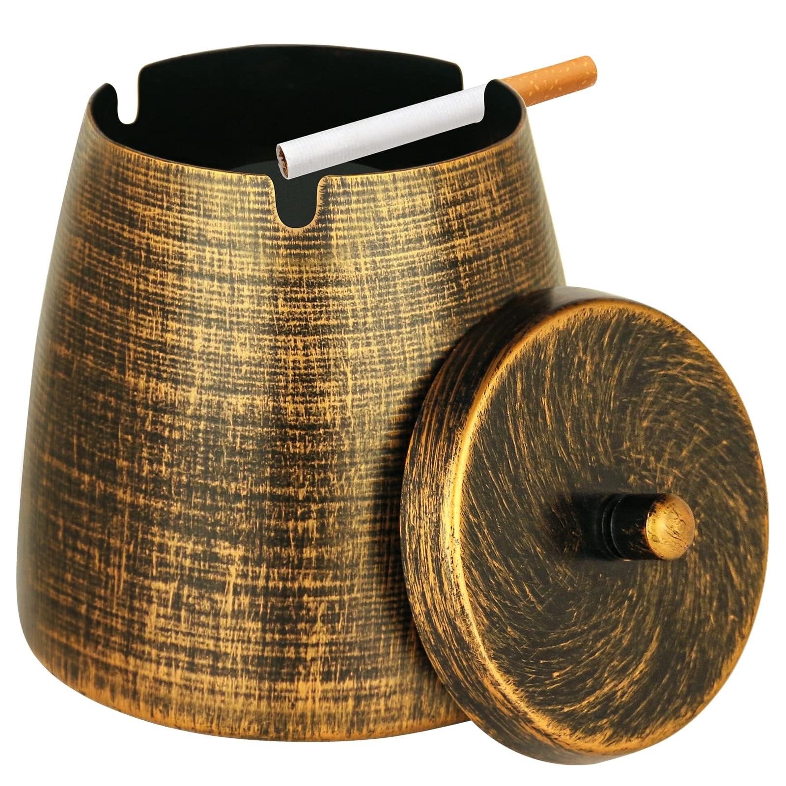 Smokeless Ashtray with Lid for Cigarettes Outdoor Indoor, Retro Ash tray Metal Iron Can Copper Vintage Decor,Windproof Rainproof Ashtrays for Outside Patio Home Table Decor-image-26