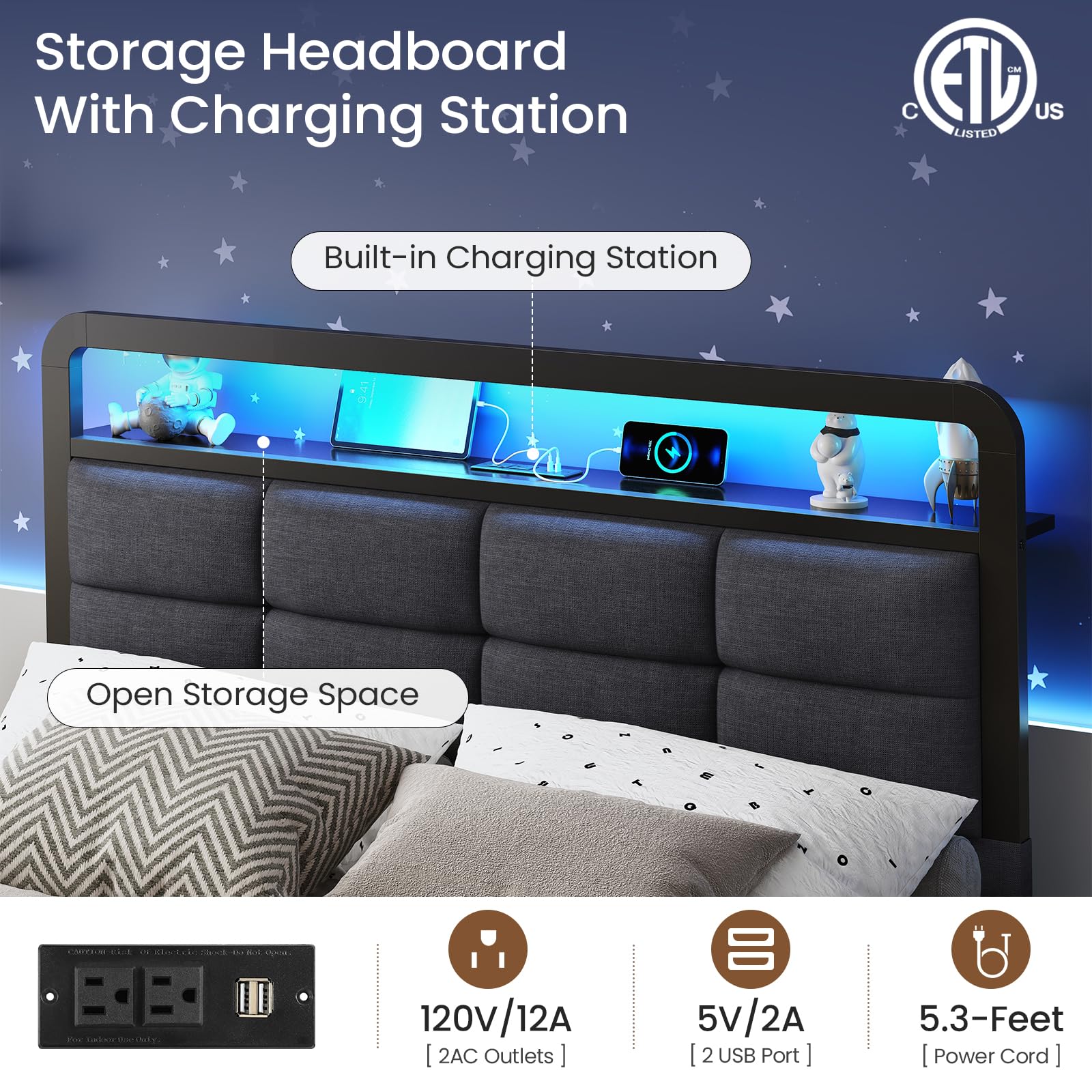 Brinlawb Full Floating Bed Frame with Charging Station and LED Lights, Upholstered Headboard with Storage, Full Size Metal Bed Frame with Heavy Duty Steel Slats, No Box Spring Needed, Easy Assembly: Black & Grey Full