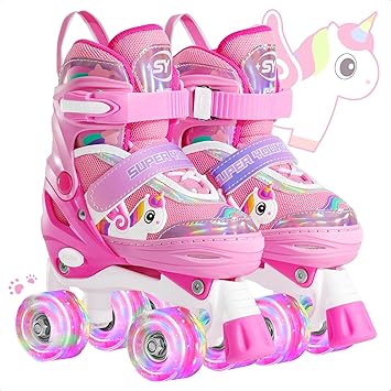 SUPER YOUNGSTER Adjustable Light Up Kids Unicorn Roller Skates for Girls Ages 4-6 5-8 8-12, Toddlers Beginner Cat RollerSkates