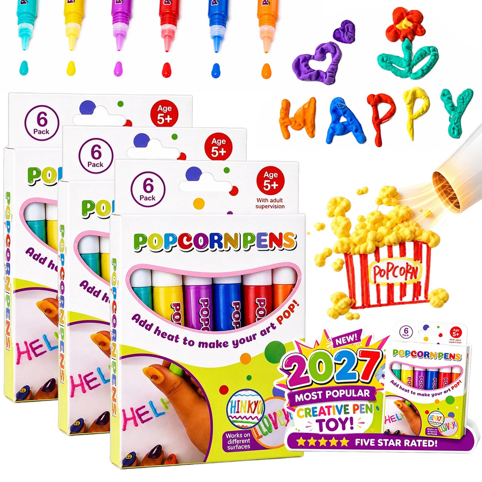 Magic Popcorn Pen, DIY Bubble Popcorn Drawing Pens, 3D Puffy Embellish Decorate Graffiti Stationery for Greeting Birthday Cards Kids Christmas (6 Colors-3 Boxes)