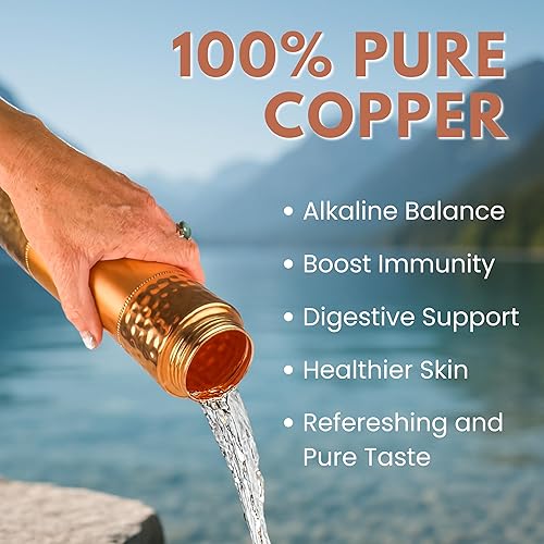 Miniatura 3 de Nava - Botella de agua de cobre puro con tapa y pajilla, 33.5 onzas, a prueba de fugas, botella de cobre ayurveda para beneficios de salud