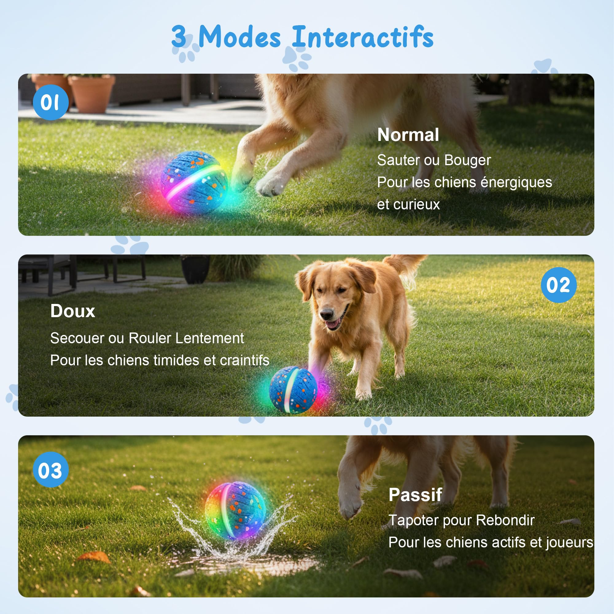 Balle Chien Interactif Intelligente, Jouet Chien Indestructible, Matériau E-TPU avec Lumières, 3 Modes de Jeu, Étanche & Rechargeable Jouet Chiot Petits, Moyens Chiens