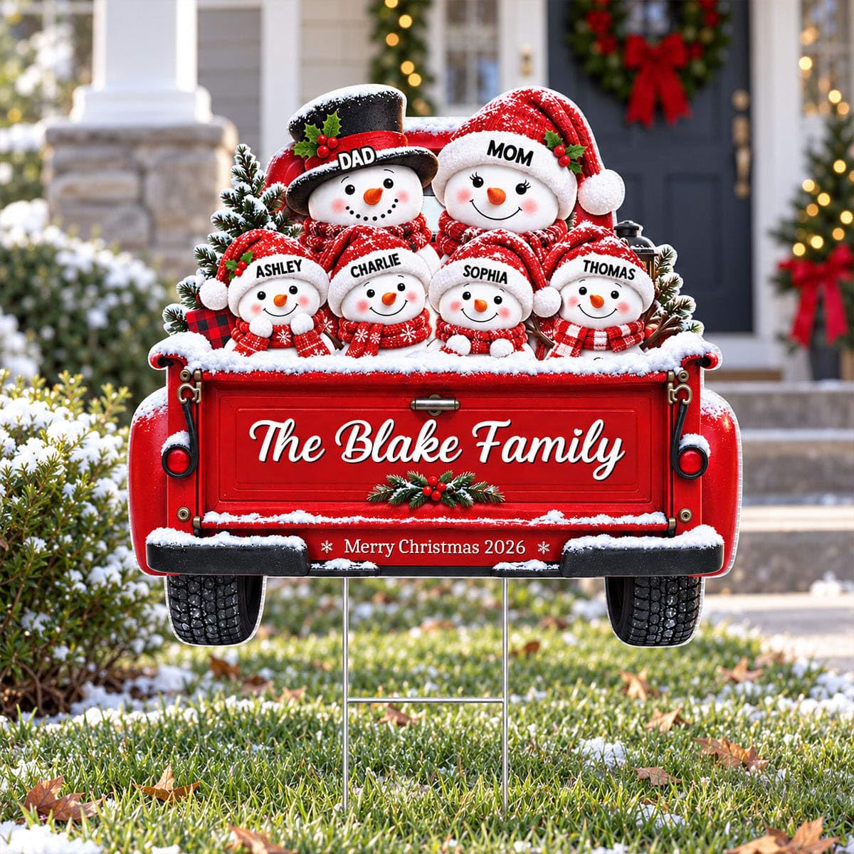 Personalized Christmas Cute Snowman Family On Truck 2D Flat Printed Yard Sign, Christmas Decor For Family, Grandparents