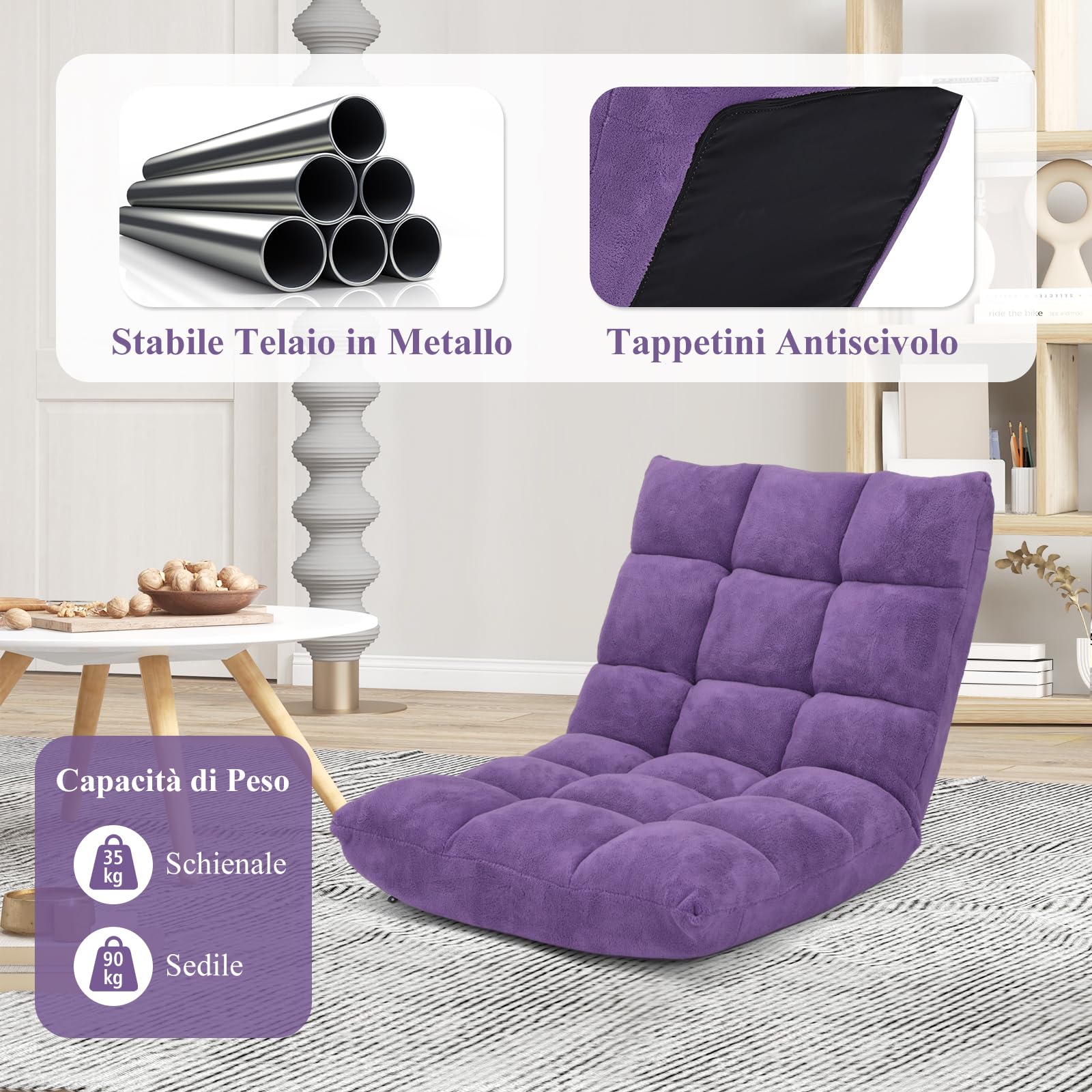 RELAX4LIFE Sedia da Terra in Velluto, Sedia Pieghevole Relax con Schienale Inclinabile in 14 Livelli, Poltrona Imbottita e Portatile Salvaspazio per Soggiorno e Camera da Letto (Viola 105×56×15cm)
