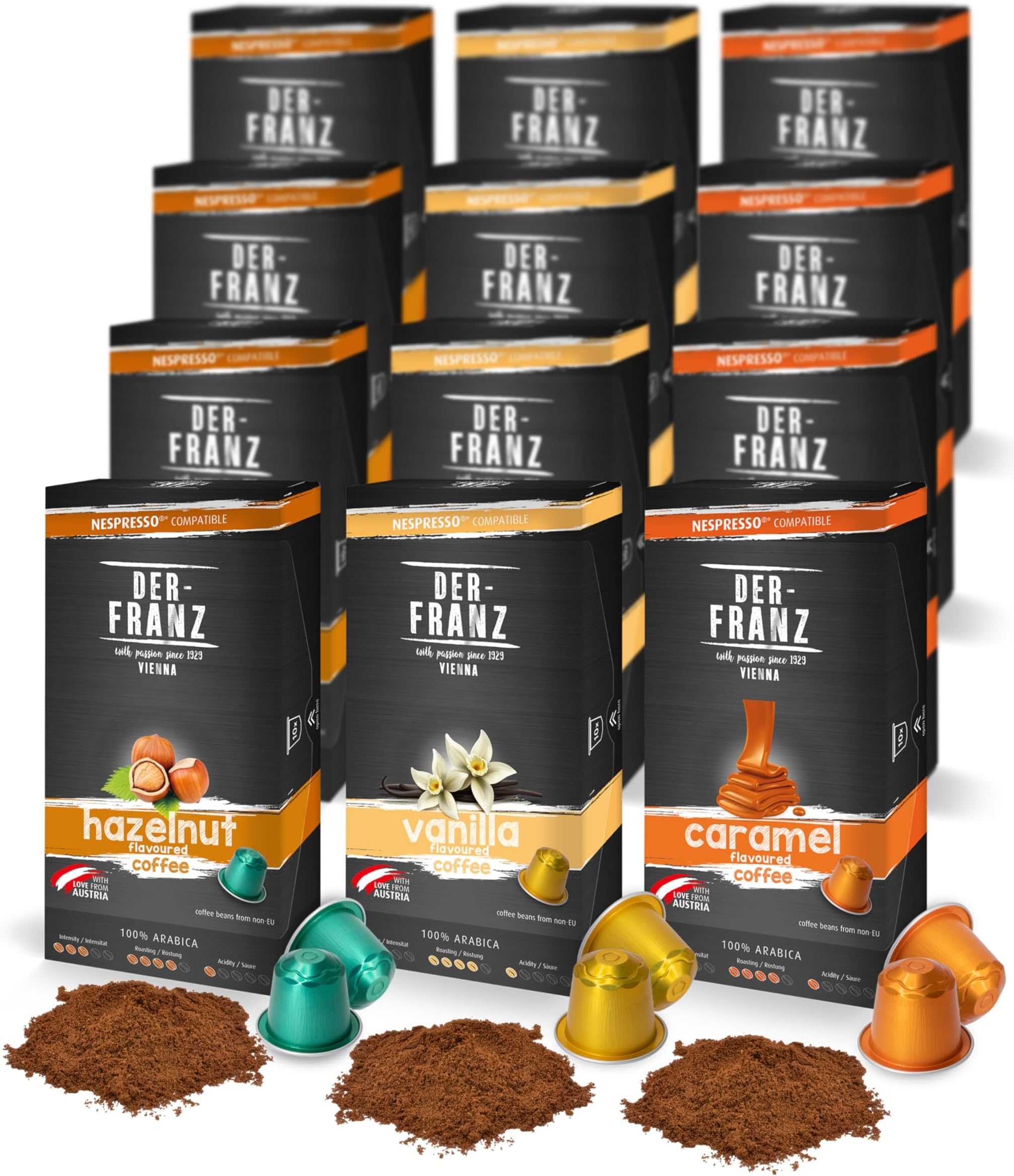 Nespresso Compatible Coffee Capsules, 12 x 10 Capsules (40 x Hazelnut aroma, 40 x Vanilla aroma, 40 x Caramel aroma)