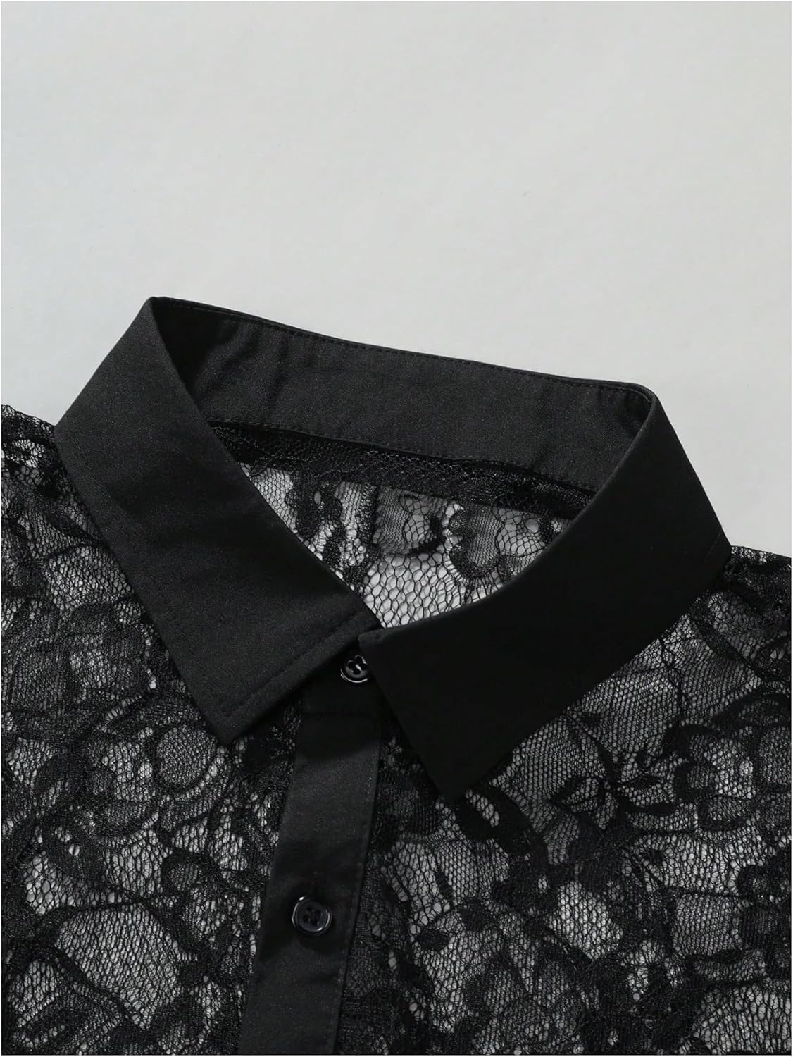 WDIRARA Men's Sexy Lace Button Down Shirts See Through Long Sleeve Collared Tops Party Clubwear - Image 5
