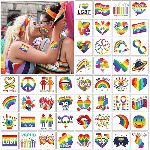 Miniatura 2 de HOWAF Gay Pride Tattoos LGBT Rainbow - Adhesivo temporal de tatuajes, 48 diseños, 96 unidades, calcomanías de tatuajes de corazón de arco iris,