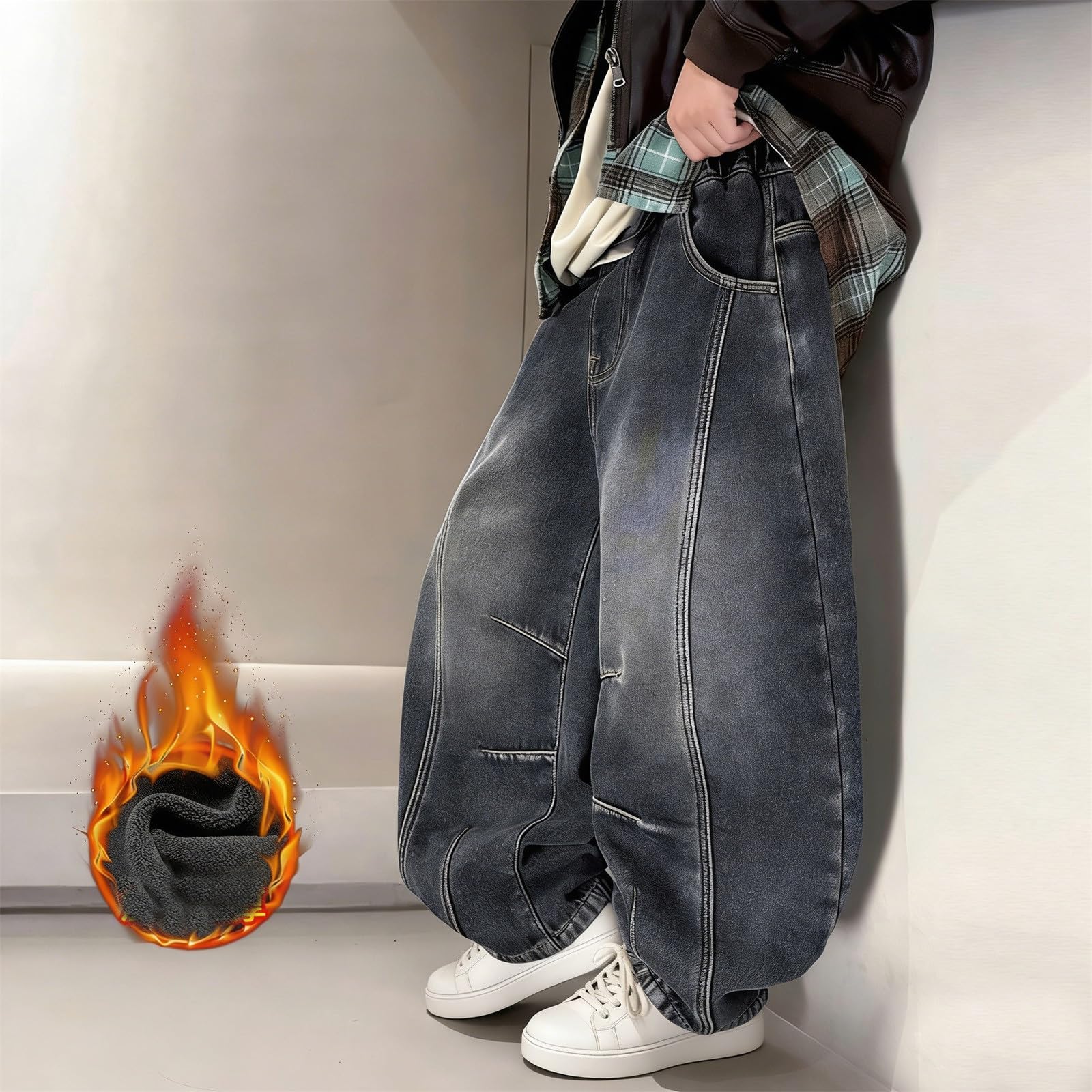 Genérico Pantalon Vaquero Niño - Pantalones Vaqueros para Niños Cálidos Y Gruesos Informales con Interior Suave para Invierno