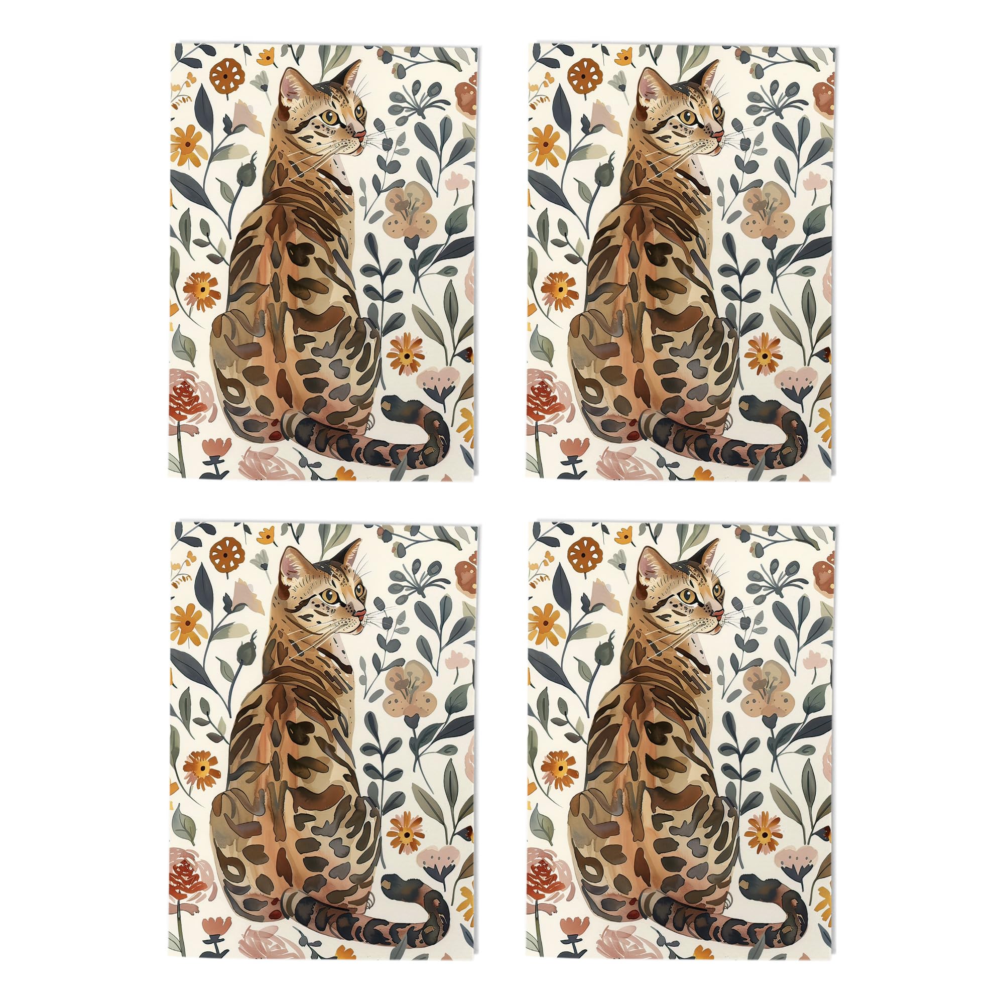 Bengal Cat Autumn Wildflowers Art Cards Multipack of 4 Feline Greeting Cards For Any Occasion Blank Inside A6 10 x 15 cm