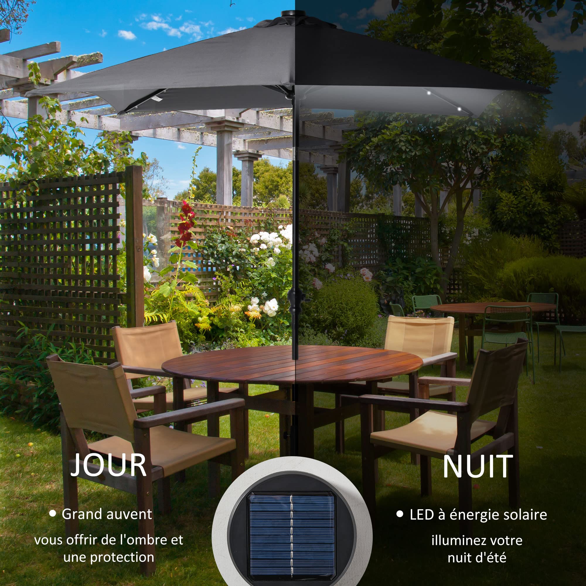 Outsunny Parasol de Jardin 3 x 2 m Lumineux Rectangulaire Inclinable Gris