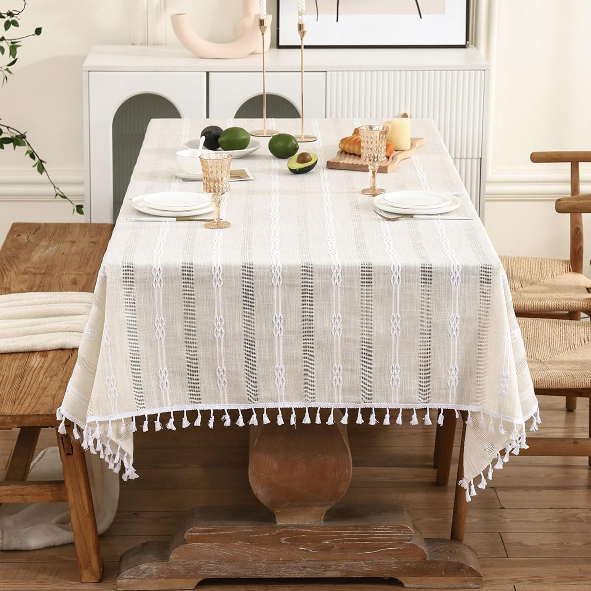 MONKDECOR Boho Linen Blend Table Cover with Embroidered Stripes & Tassel Edges, Rectangle Dining Table Cloth for 6 Seater, Farmhouse Style, Dust Proof & Decorative Table Cover, 60x90 Inch | Cream-image-39