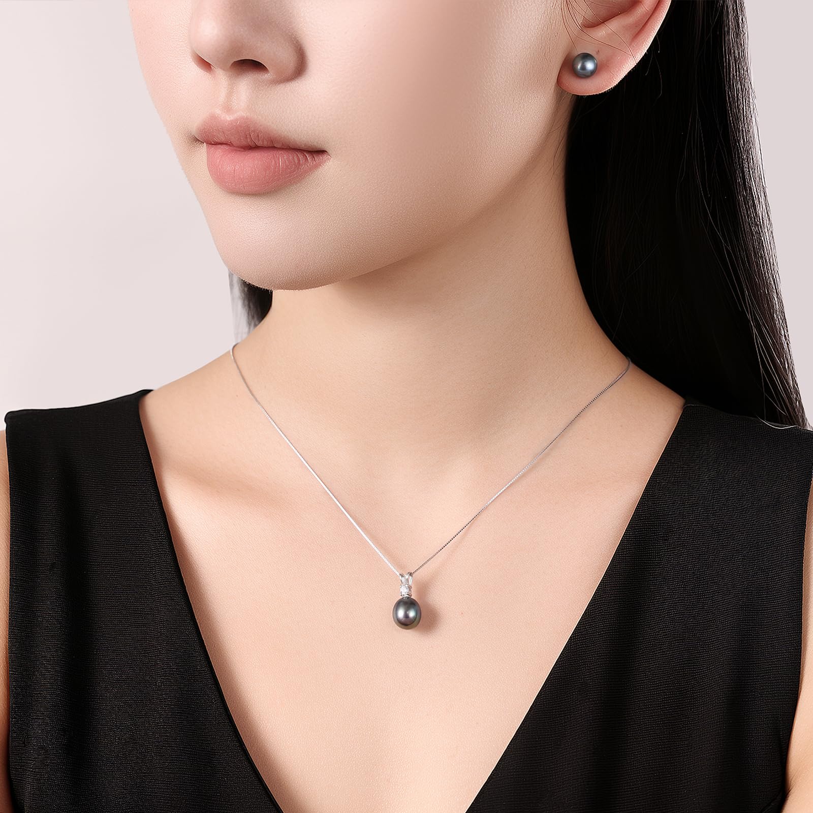 YAMI Perlenschmuckset für Damen, 9,5–11 mm AAAA Süßwasser-/Salzwasserperlenkette und 8–8,5 mm Perlenohrringe, Perlenohrringe Silber 925, Ideal für Geschenke
