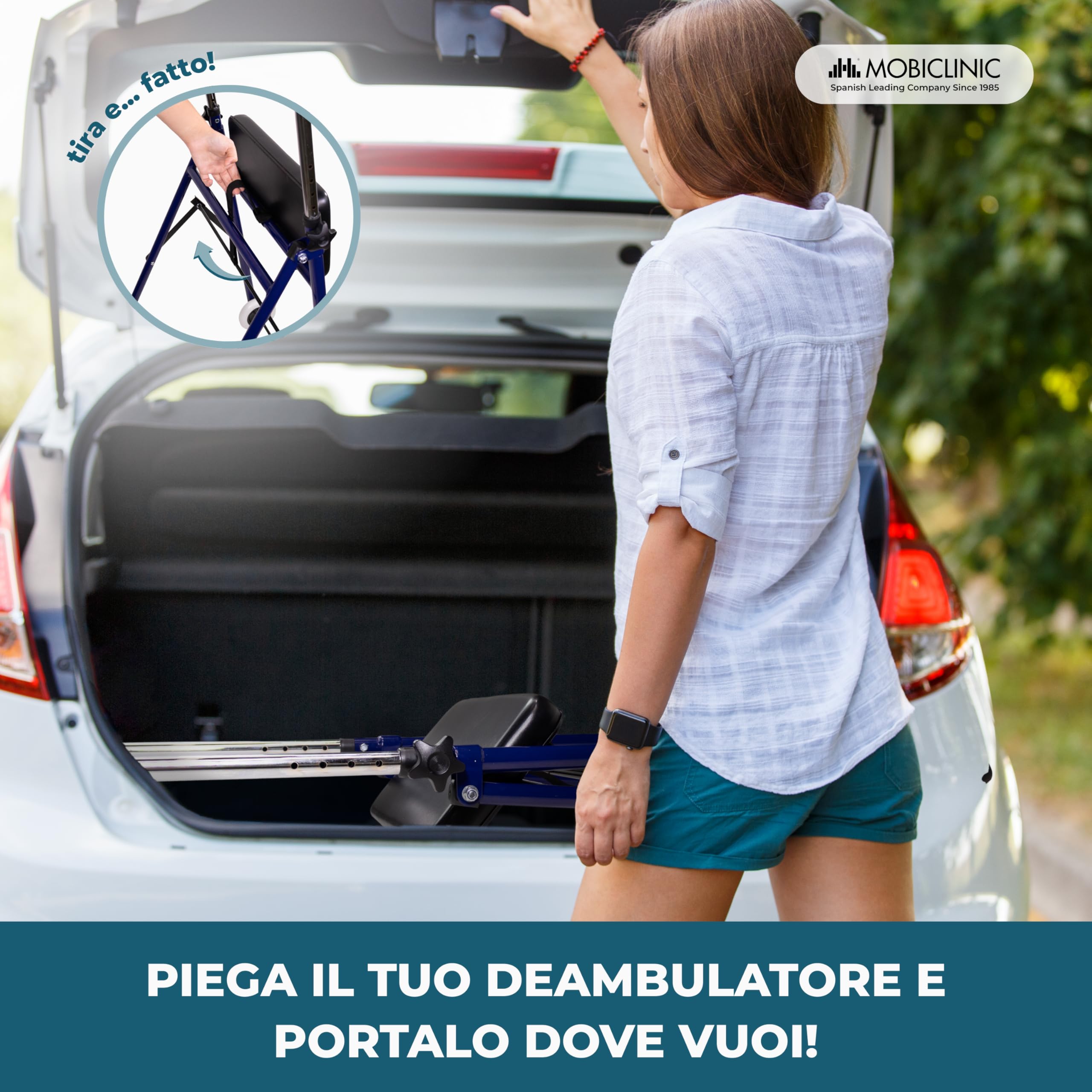 Mobiclinic®, Deambulatore per anziani, Emerita, Marchio europeo, Pieghevole, Regolabile, Acciaio, Maniglie ergonomiche, Leggero, 2 ruote, Adulti, Blu