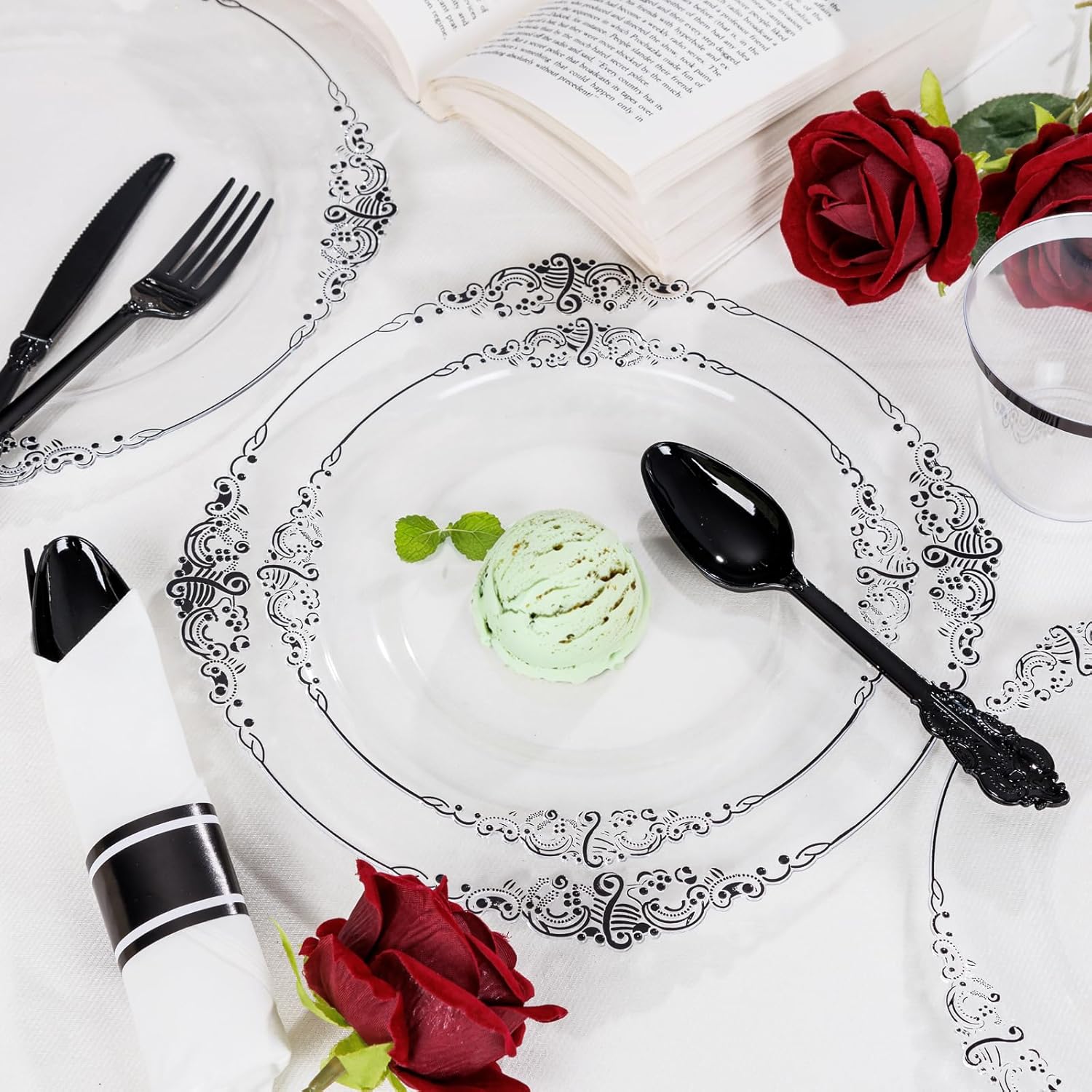 Hioasis 350pcs Clear and Black Plates - Black Party Plates for 50 Guest, Include 100 Heavy-duty Plates(20% Thicker Than Standard), 50 Pre Rolled Gold Plastic Silverware Set, 50 Cups - Image 4
