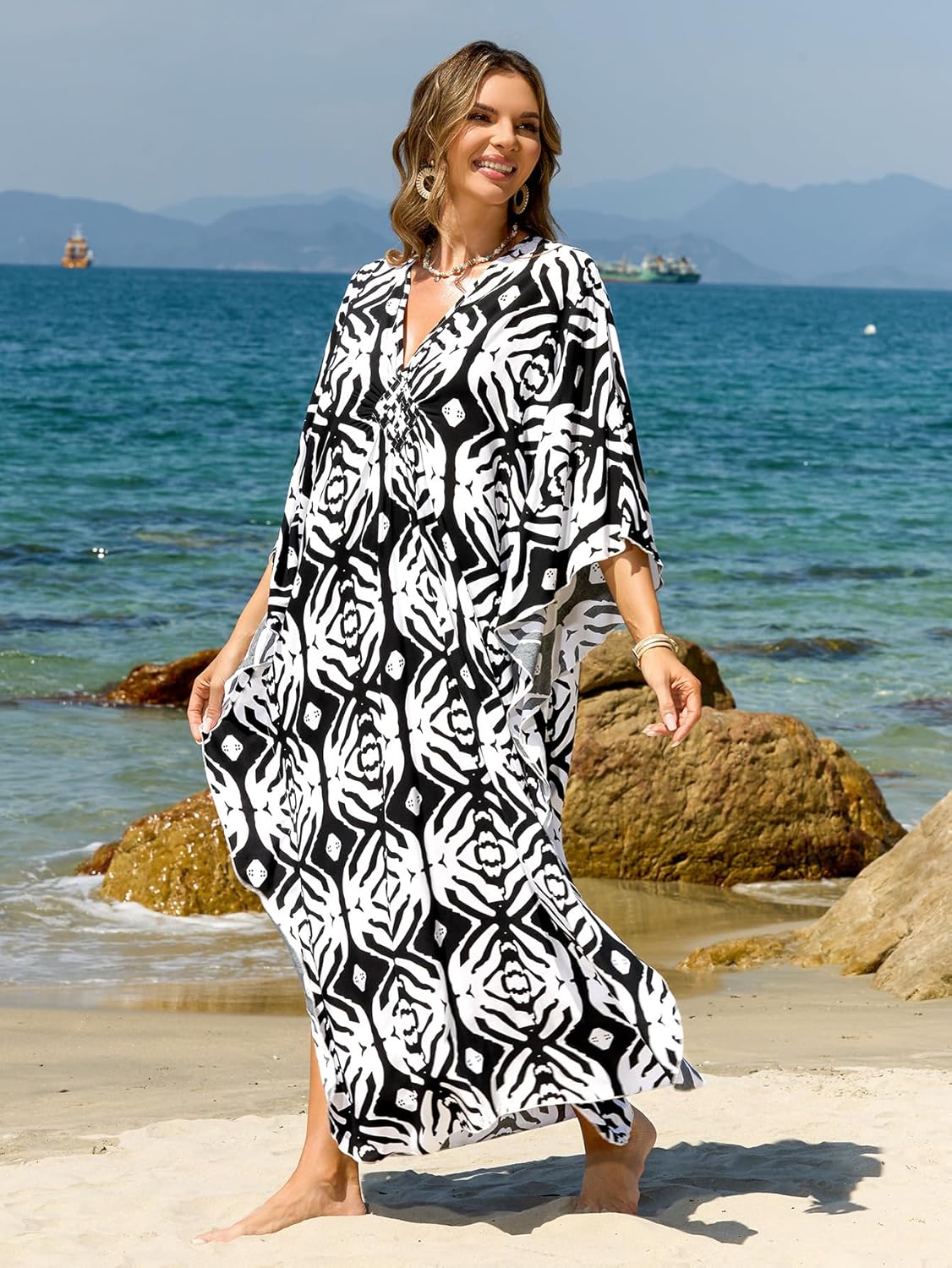 Kaftan Dresses for Women Plus Size V-Neck Moo Moos Batwing Kaftan Beach Dress Bathing Suit Cover-Up Loungewear - Image 8