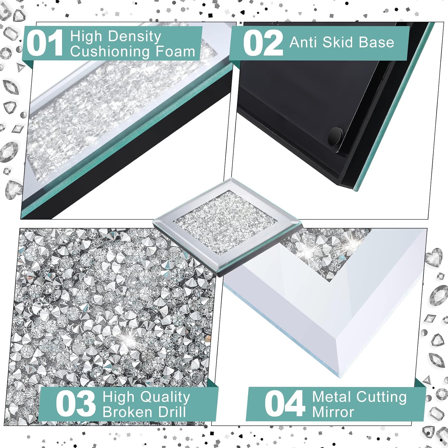 Mimorou 14 Pcs Crystal Coasters with Holder Set 2 Black Holder 12 Glass Mirrored Silver Round Square Diamond Coasters 4 Inch for Kitchen Dining Table Home Coffee