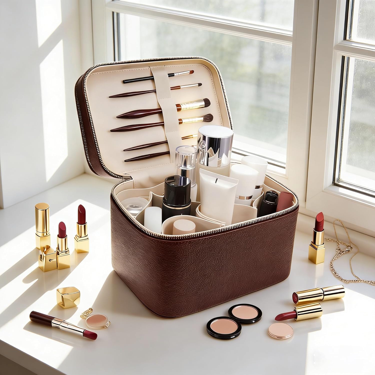 Makeup Case, Large Capacity Leather Makeup Bag for Women,Large Capacity Waterproof Double Leather Cosmetic Case,Removable Compartment Travel Organizer