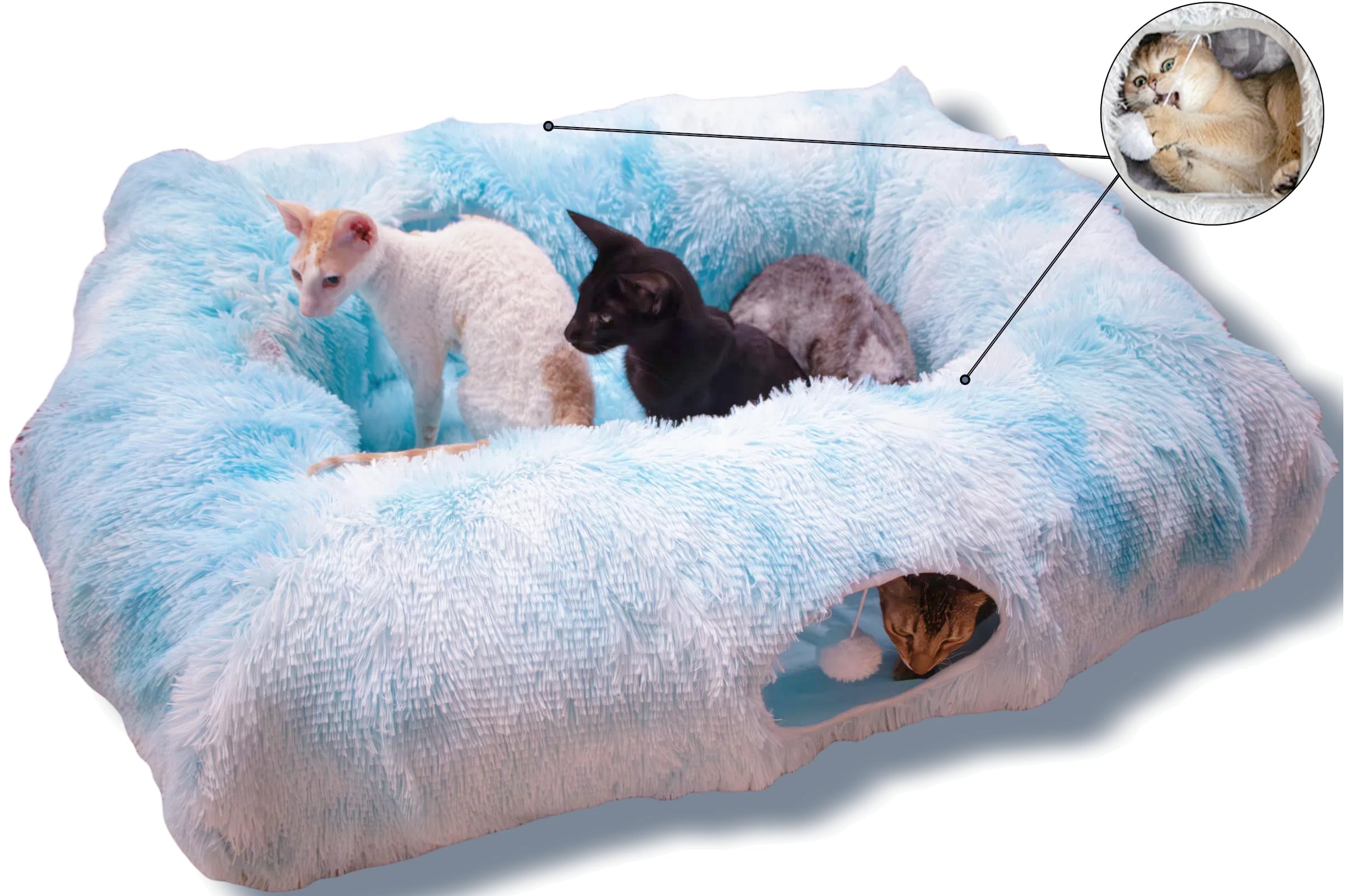 XxingSheep 4 Cave Shuttled XL Cat Tunnel Bed for Indoor Cats Peekaboo Toy Donut with Warm Mat, Azure Blue