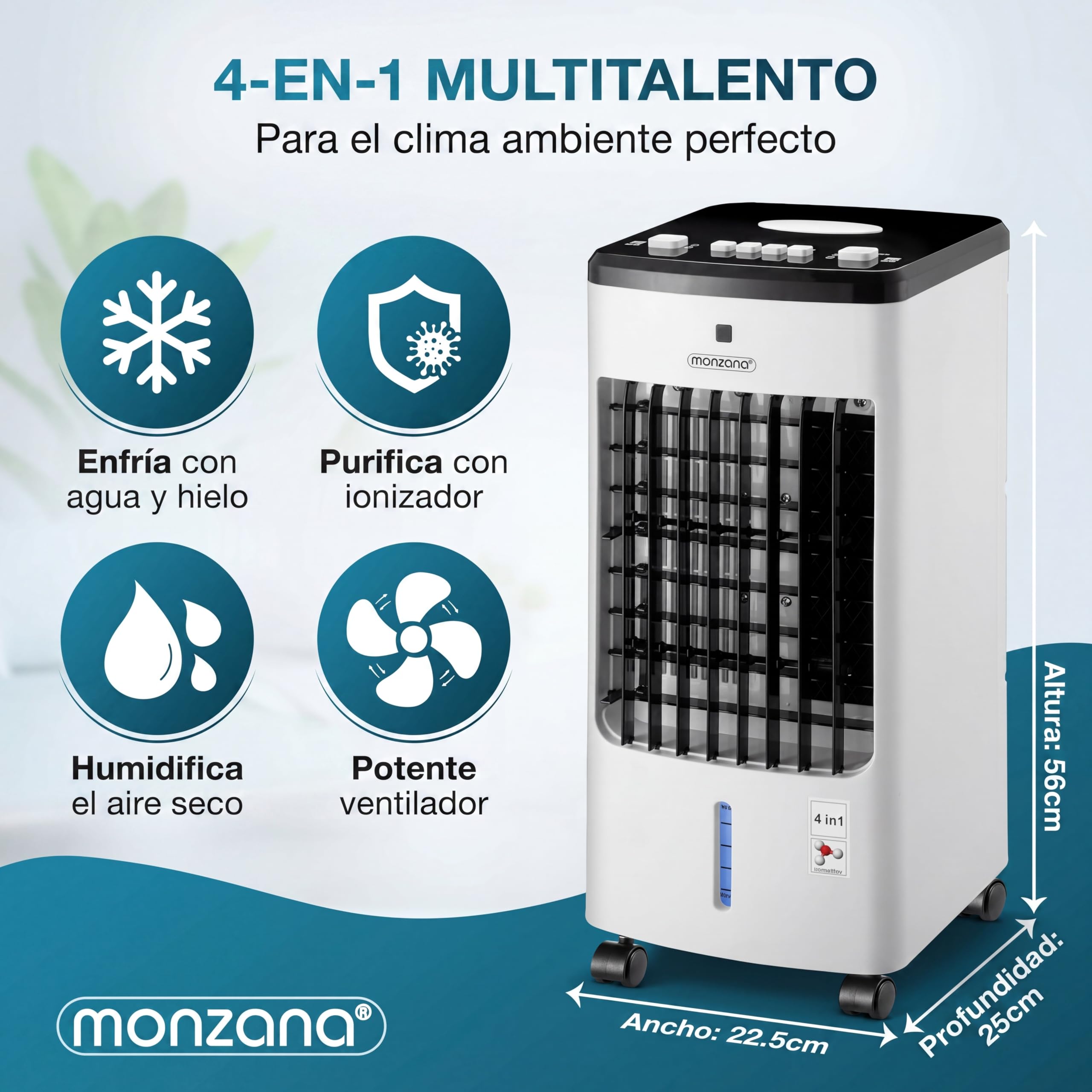 MONZANA® Enfriador de Aire 4en1 3 Velocidades Climatizador Ventilador Ionizador Portátil Oscilación Bajo Consumo