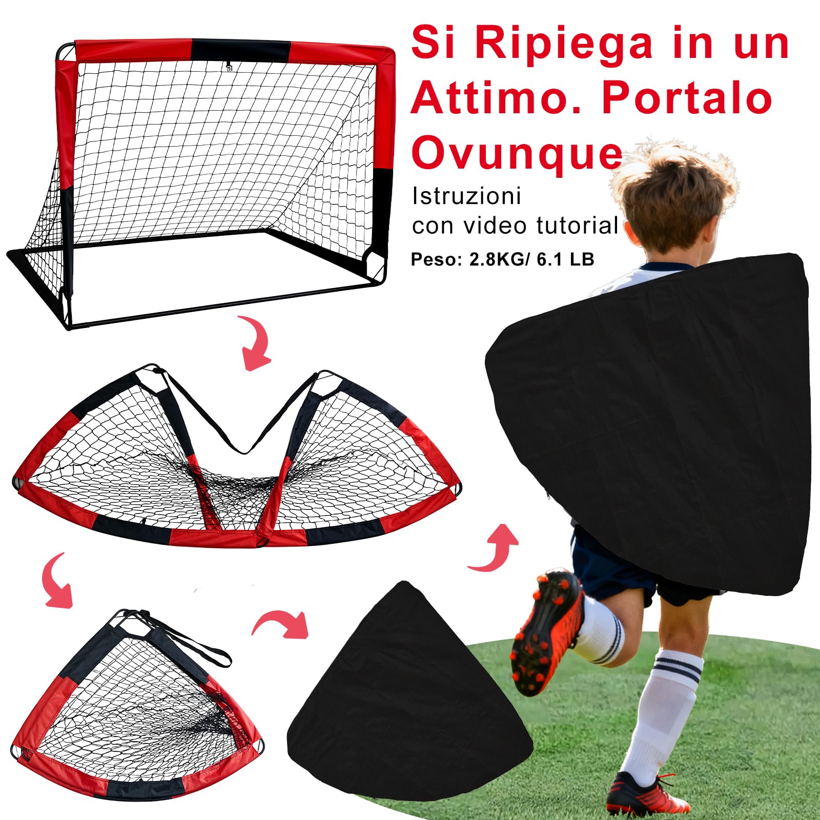 Porta da calcio pieghevole 2 in 1 per bambini con borsa trasporto