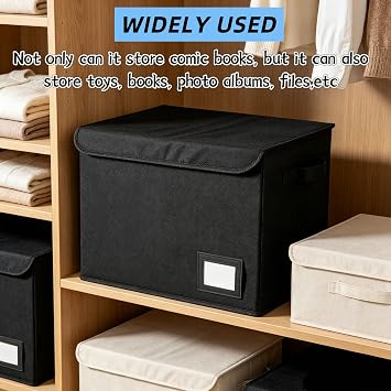 Foldable Comic Book Storage Box with Label Slot & Handle, Book Storage Organizer Bin for Comics Magazines