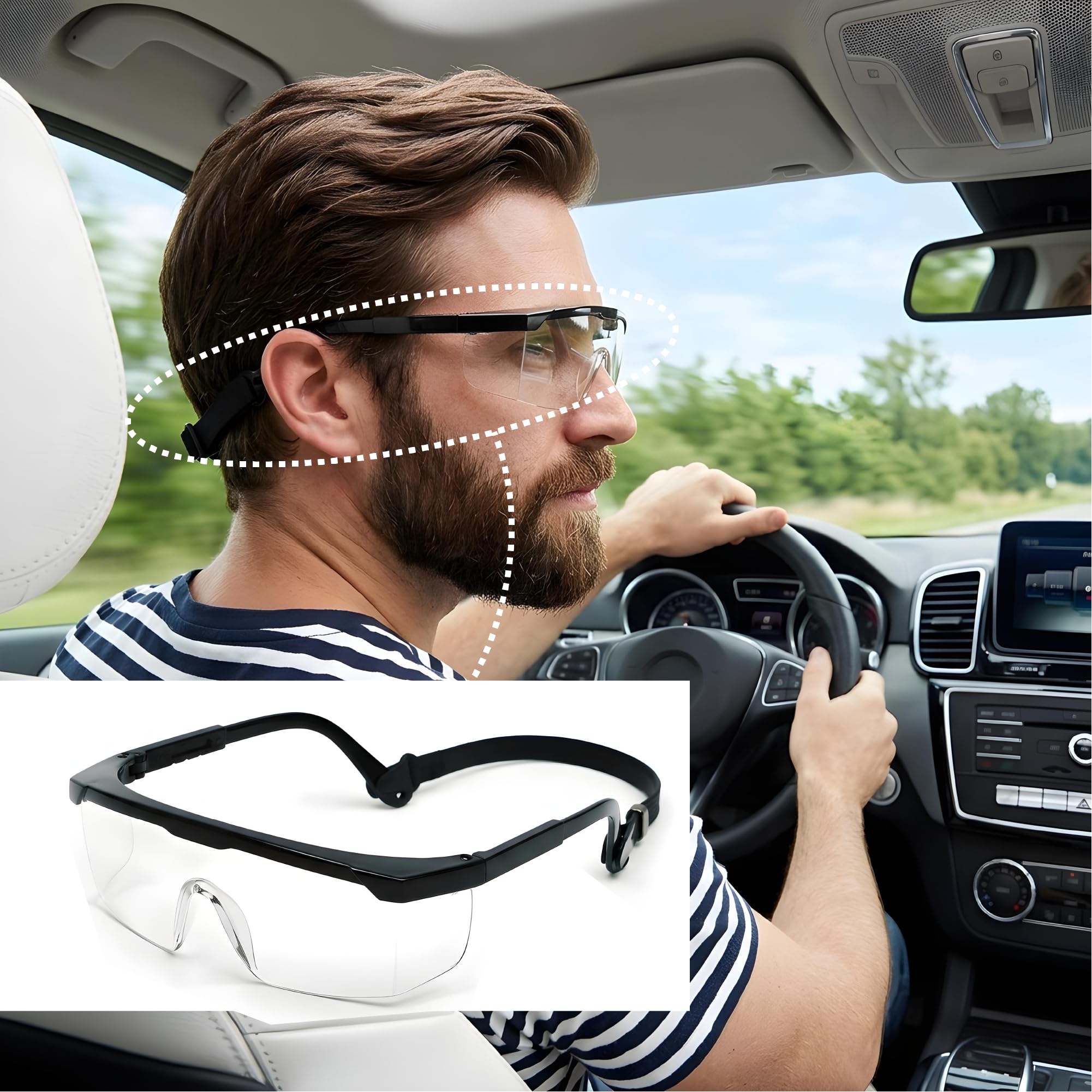Gafas de seguridad, lente de cobertura completa, protector de cejas integrado, resistentes a los rayos UV, antivaho, antiarañazos, resistentes a los impactos, marcos laterales ajustables