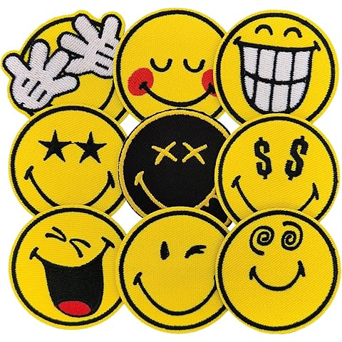 Face Emoticon Iron on Patches Glitter, Officially Licensed SmileyWorld Chenille Patches for Clothing, Hats, Backpacks, Stockings, Style 1
