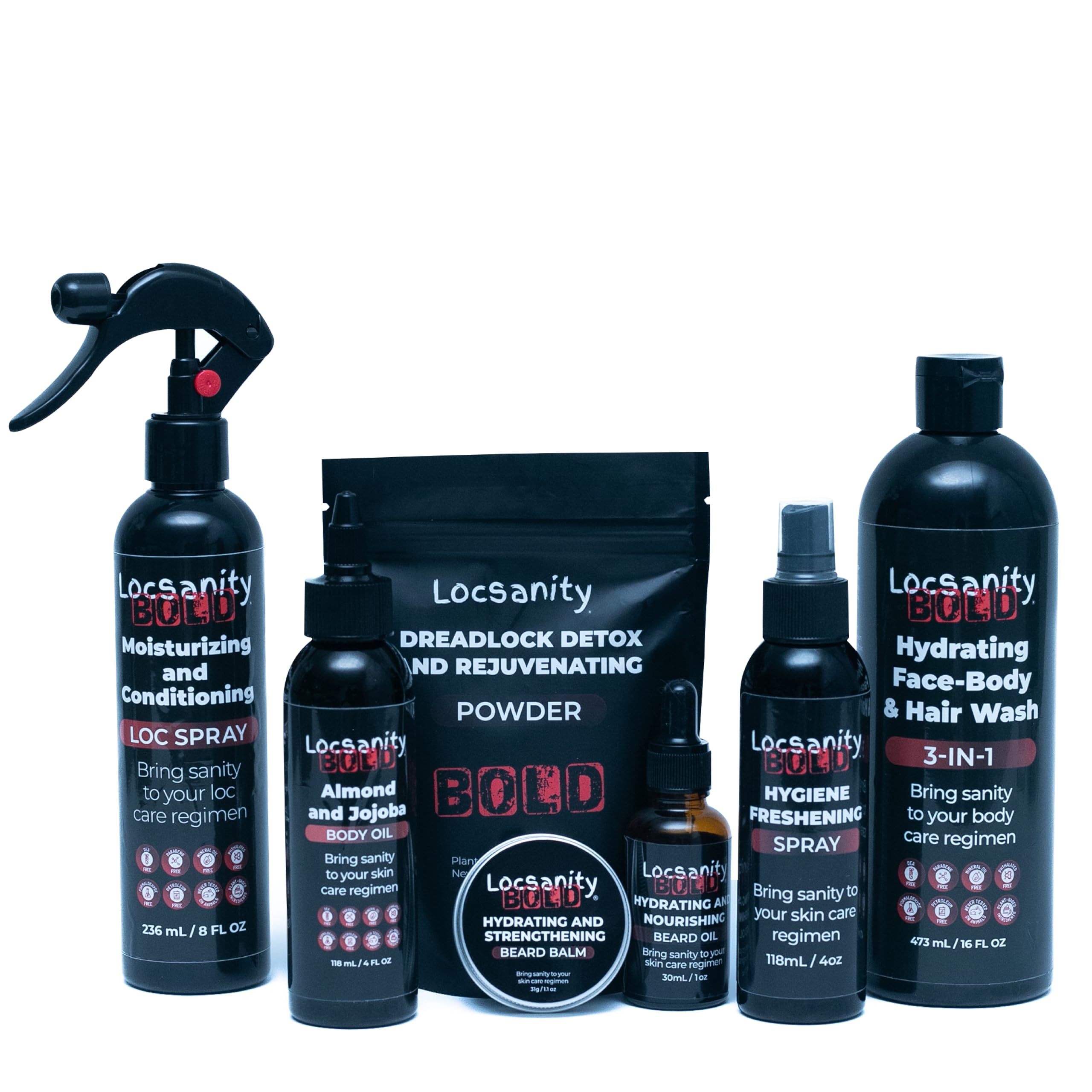 Locsanity BOLD Men’s Bundle – 7-in-1 Premium Grooming Set: Loc Spray, 3-in-1 Body Wash, Hygiene Spray, Men’s Body Oil, Beard Oil, Dreadlock Powder, Almond & Jojoba Oil | Dreads & Locs Moisturizer