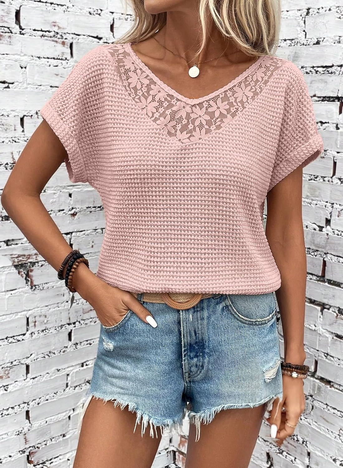 Dokotoo Women's Casual 2026 Waffle Knit Hollow Out Lace Tops Short Sleeve V Neck Loose Fit Shirts Blouses - Image 2