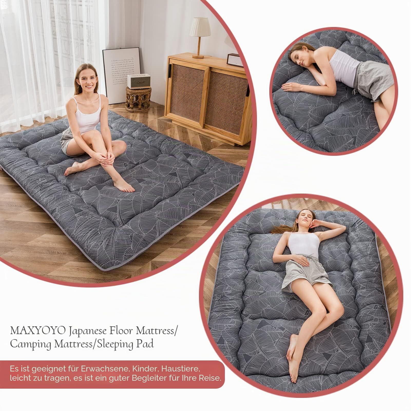 MAXYOYO Japanische Bodenmatratze, Futon-Matratze, Dicke Tatami-Matte, Isomatte, faltbar, aufrollbare Matratze, Schlafsaal, Bodenliege, Kissen (Blatt, Einzelbett)