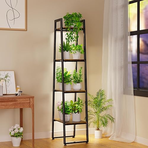 Simple Trending Soporte para plantas de interior de 4 niveles con 3 luces de cultivo ajustables, estante de escalera de metal y madera resistente