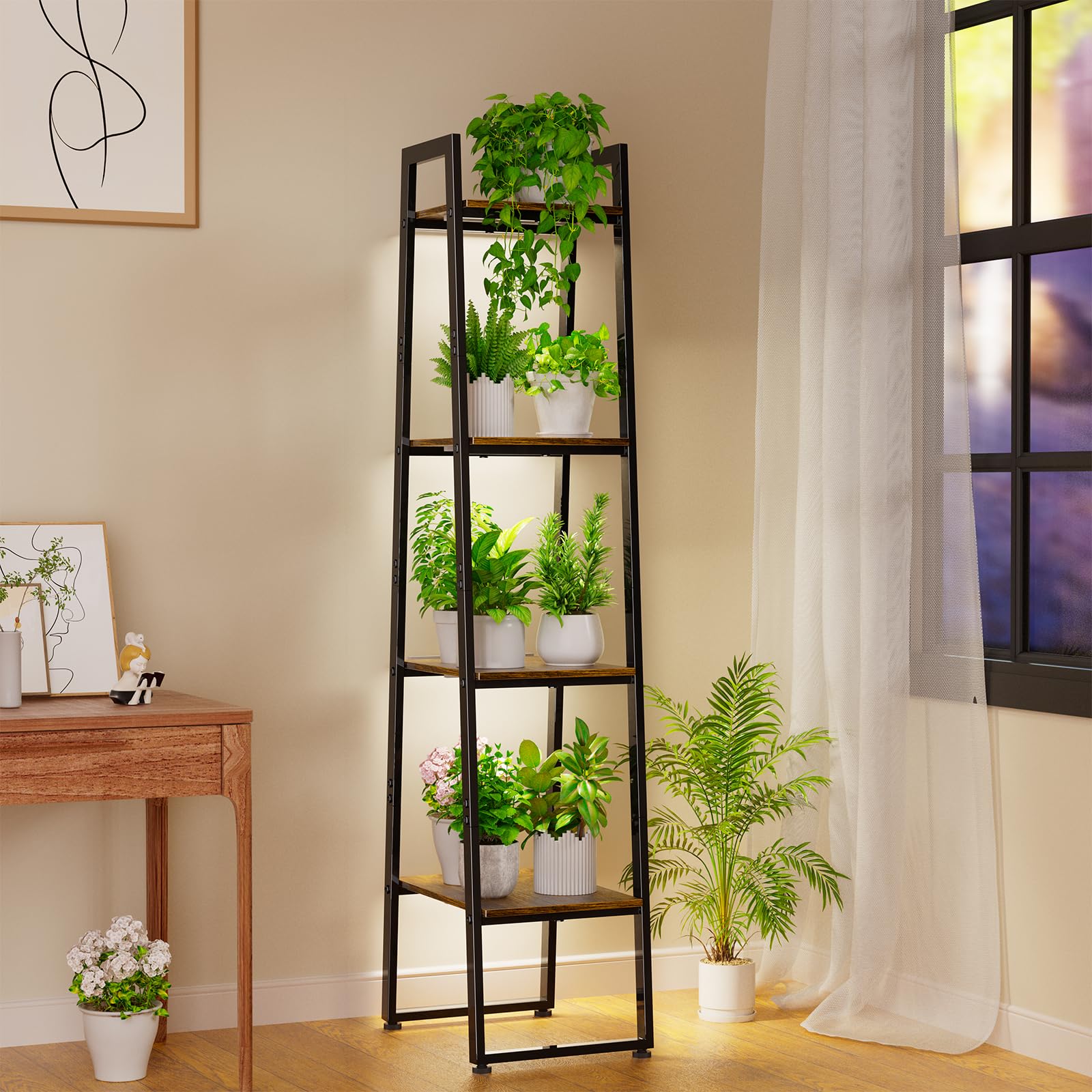 Support pour plantes d'intérieur à 4 niveaux avec lampes de croissance étagère métal noir