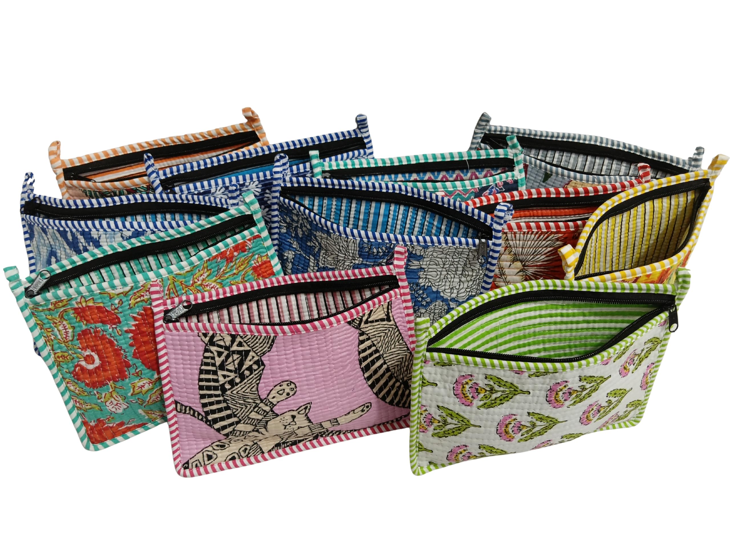 Doraya Handblock Floral Print Quilted Multipurpose Zipper Closure Coin Currency Pouch, Multicolor Unique Mix Assorted Design Cotton 8x6 Inches, for Travel Makeup Jewelry Passport Organization (1)-picture-11