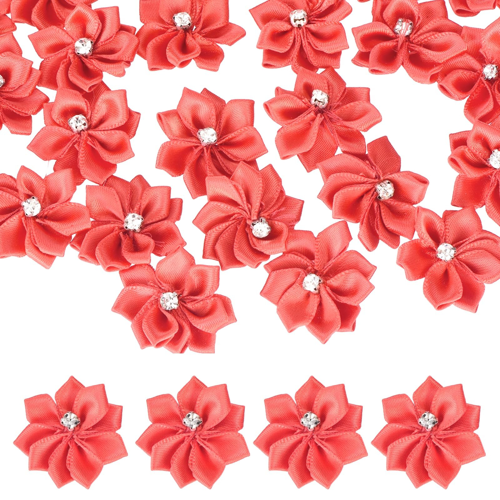 sourcing map 100 Pcs 1.2 Inch Satin Ribbon Flowers Bows Flowers Applique Floral Embellishments for DIY Crafts Sewing Clothing Hair Bow Wedding Decor, Watermelon Red