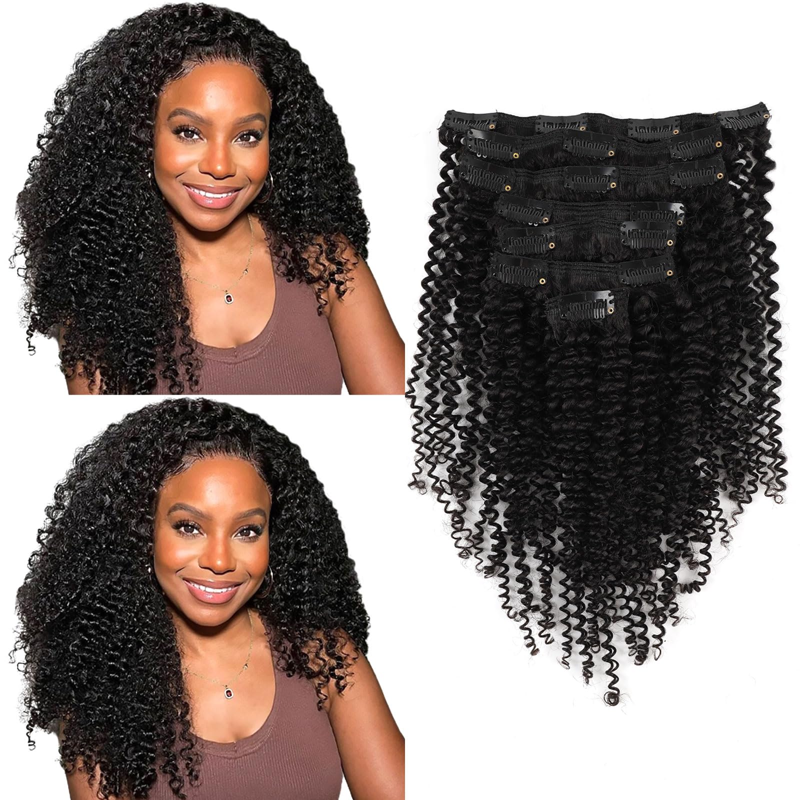 MIMIESEAT Kinky Curly Clip in Hair Extensions Real Human Hair 3C for Black Girl 4A Kinky Curly Human Hair Extension Clip ins Double Wefts Clip in Hair Natural Black 18 Inch 120G 7 Pcs Per Set