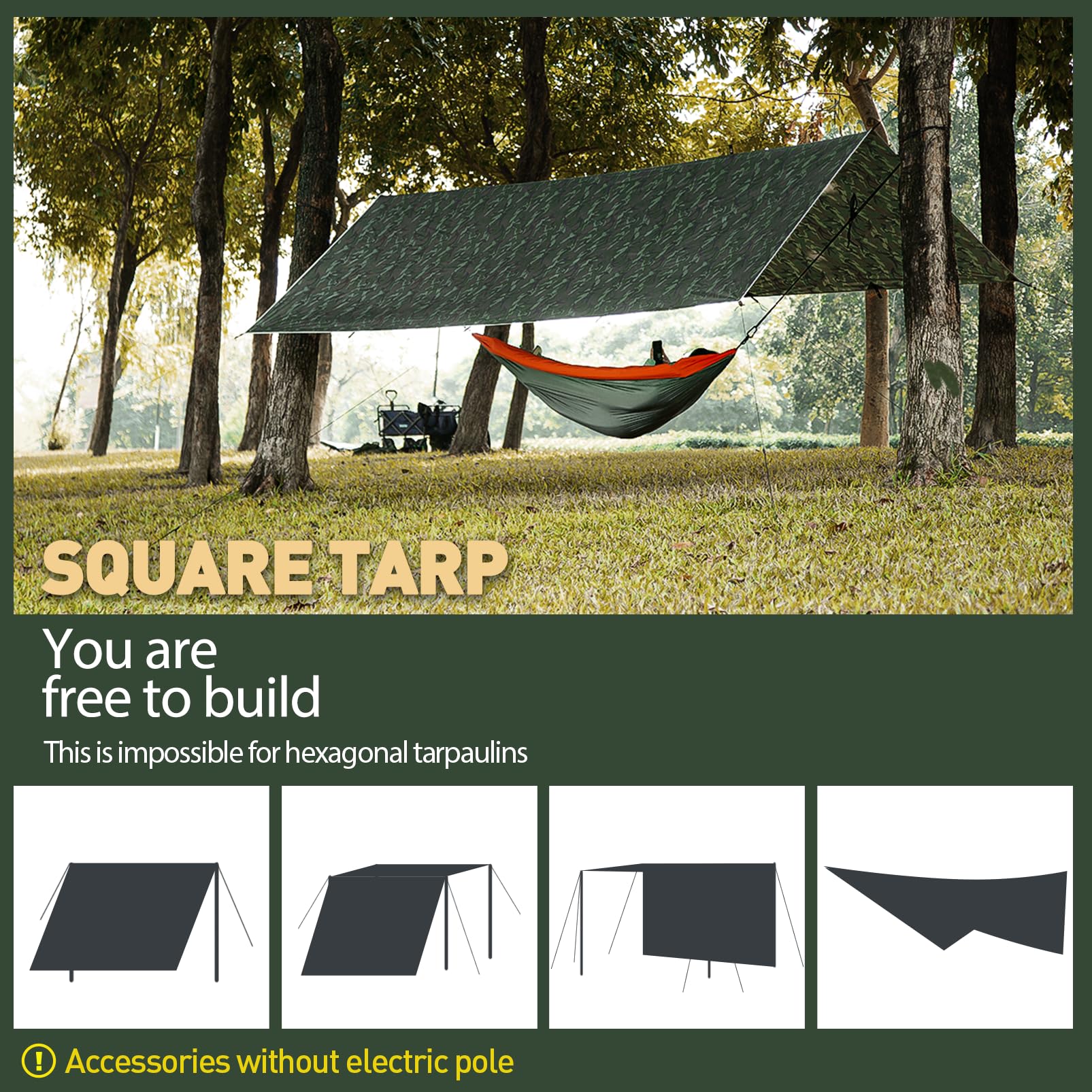 Toldo Camping 3X4M Impermeable, Ultraligero y Portátil Toldo de Refugio, Tienda de Campaña Hamaca, Protección UV, Anti Desgarro, Tarp para Picnic Pesca Camping Senderismo(Camuflaje)