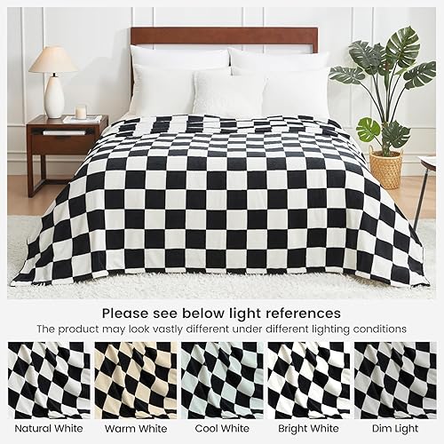 Miniatura 4 de Cozy Bliss Manta de cama a cuadros tamaño Queen  Manta de felpa ultra suave y cálida para cama, color negro y blanco, 90 x 90 pulgadas