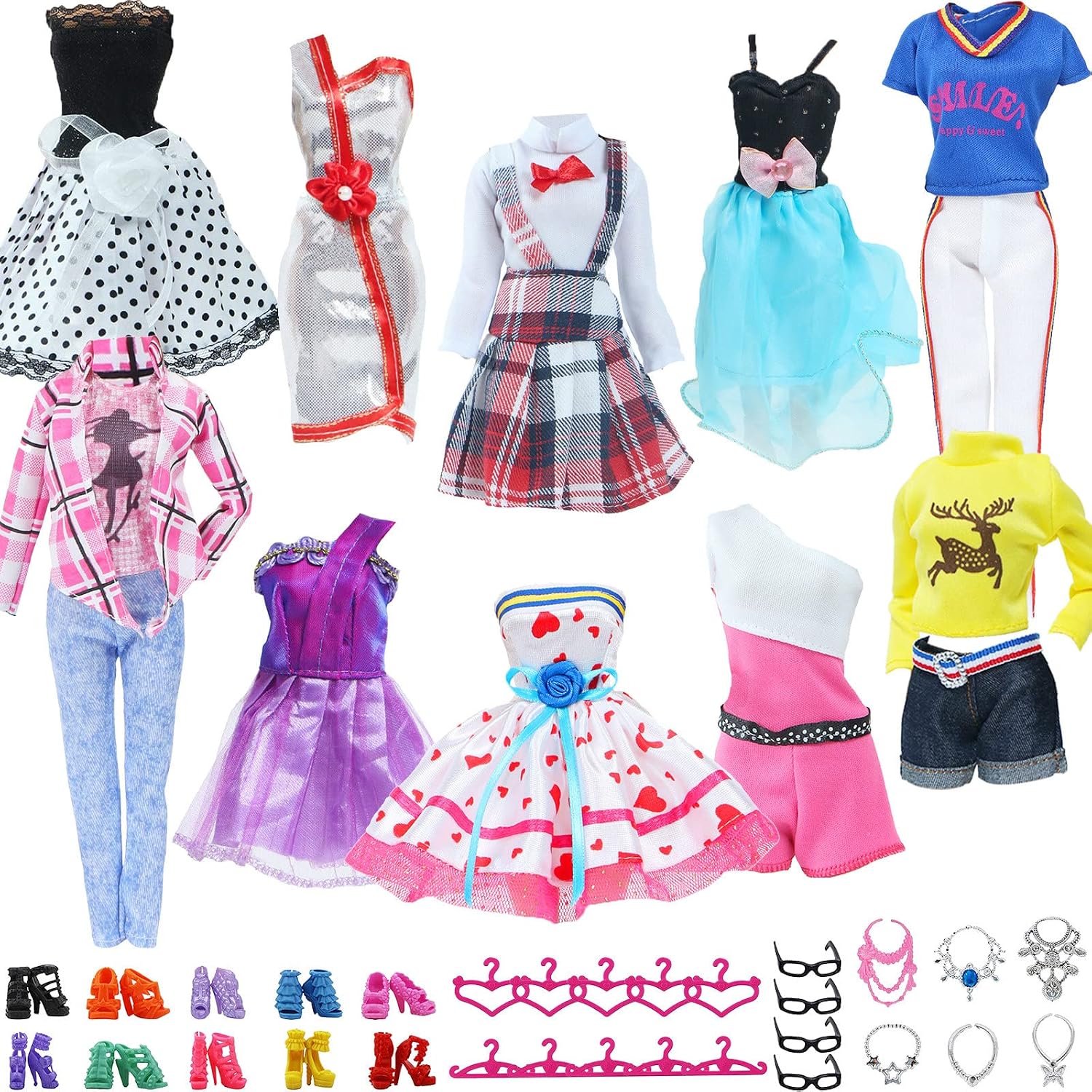 BJDBUS 40 Doll Clothes and Accessories 10 Sets Fashion Dresses Party Casual Outfits, 10 Pairs Shoes, 10 Hangers, 10 Glasses and Necklace for 11.5 inch Girl Doll Clothing Set (Style B)