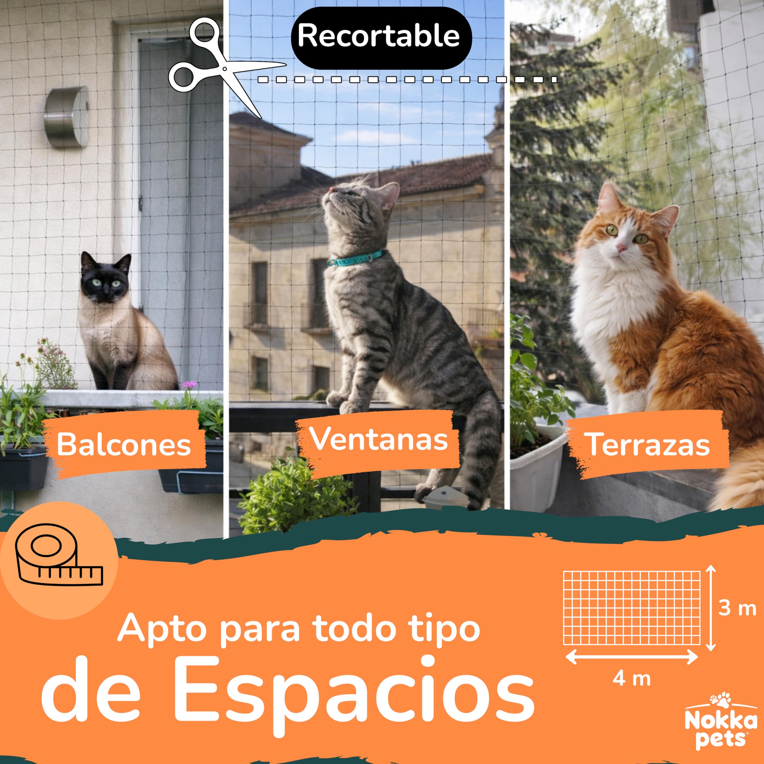 Red Gatos Terraza 4x3m - Reforzada con Alambre – Kit de Instalación Incluido – Máxima Seguridad Anticaídas para Balcón, Terraza y Ventanas – Red para Gatos UV Resistente Gatos Curiosos
